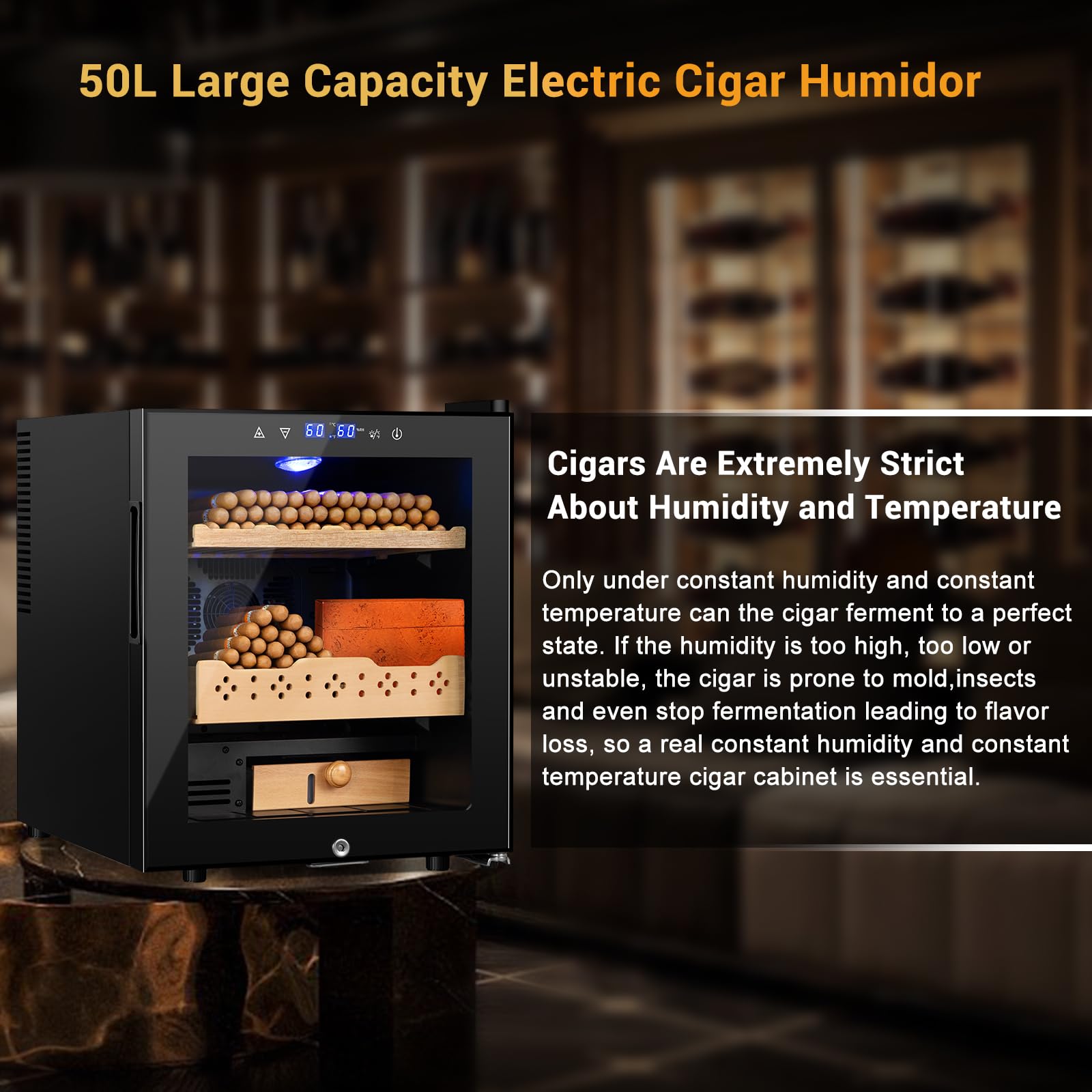50L Electric Humidor for Cigars - 300 Count Large Capacity Thermostatic Desktop Humidor Cabinet with Digital LED Display, Safety Lock & Smart Humidity/Temperature Control - Perfect for Home, Office or as Gifts for Men (Cigar Enthusiasts, Collectors)