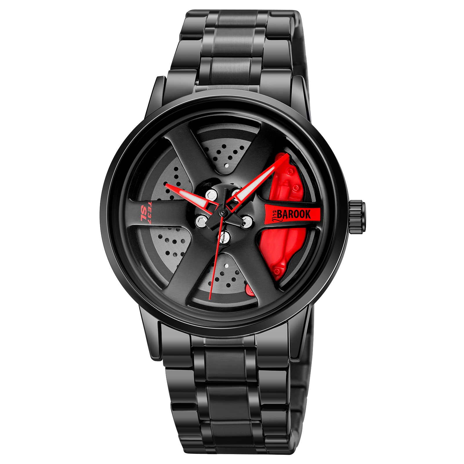 Stainless Steel Men's Car Wheel Watch with Spinning Rim Design - Japanese Quartz Movement, Water & Scratch Resistant - Perfect Gift for Car Enthusiasts - Ideal for Racing Events, Car Shows & Automotive Fashion