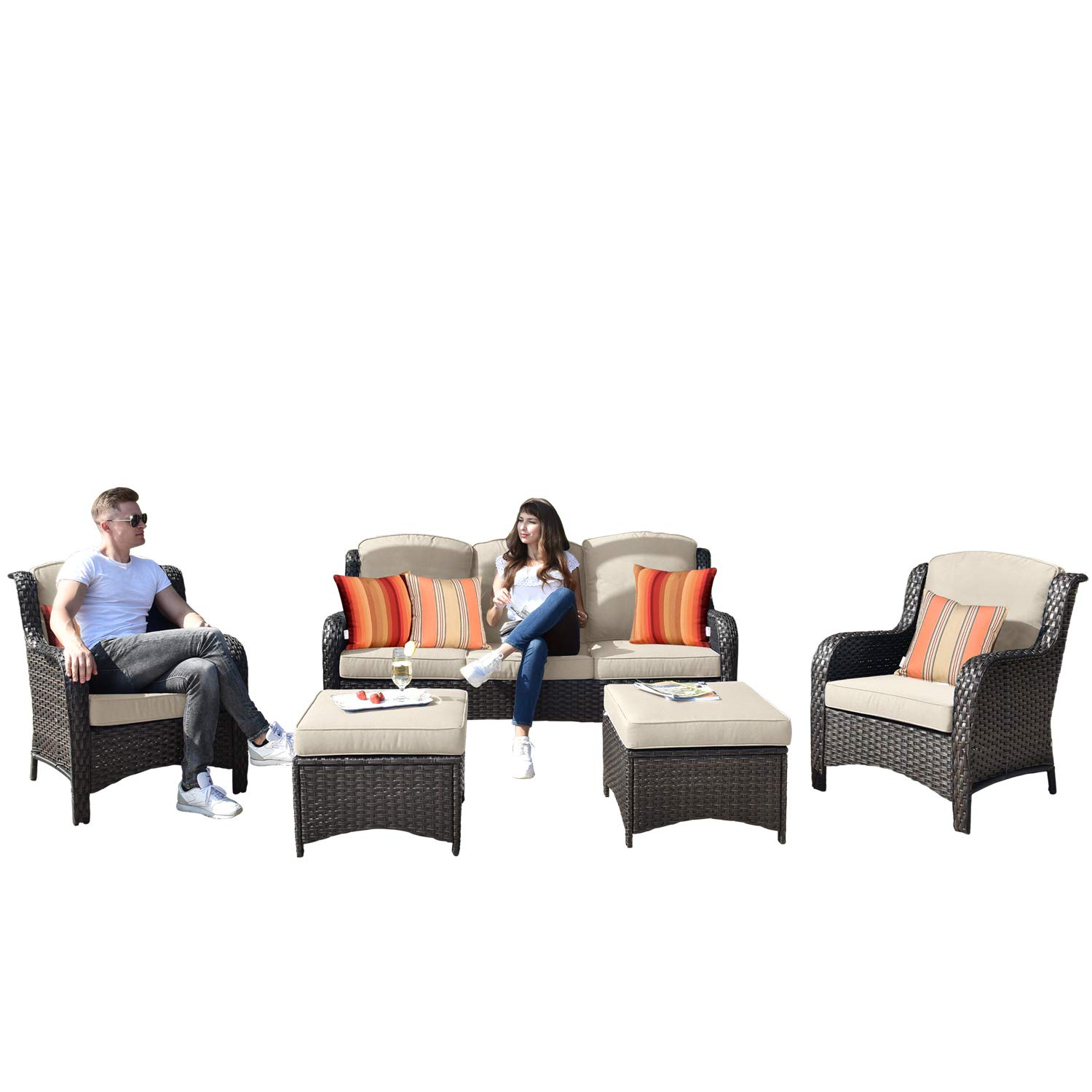 Allwex Patio Furniture Set - Outdoor Rattan Sofa & Chair Set in Brown & Beige - Perfect for Backyard, Garden, and Poolside Relaxation