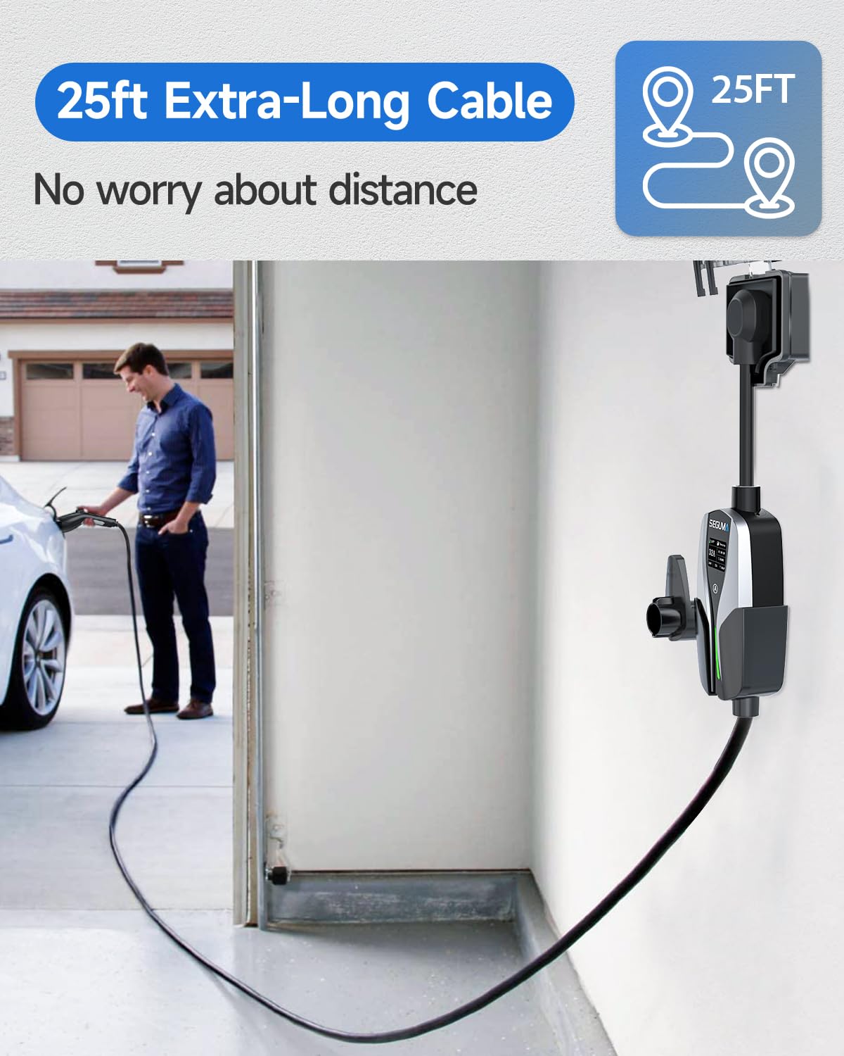 32A 240V Level 2 EV Charger with NEMA 14-50 Plug | 25ft Extension Cable | Adjustable Current | Portable Electric Car Charger for Home & Outdoor Use | Fast Charging Station for Tesla, Nissan Leaf, Chevy Bolt & More EVs
