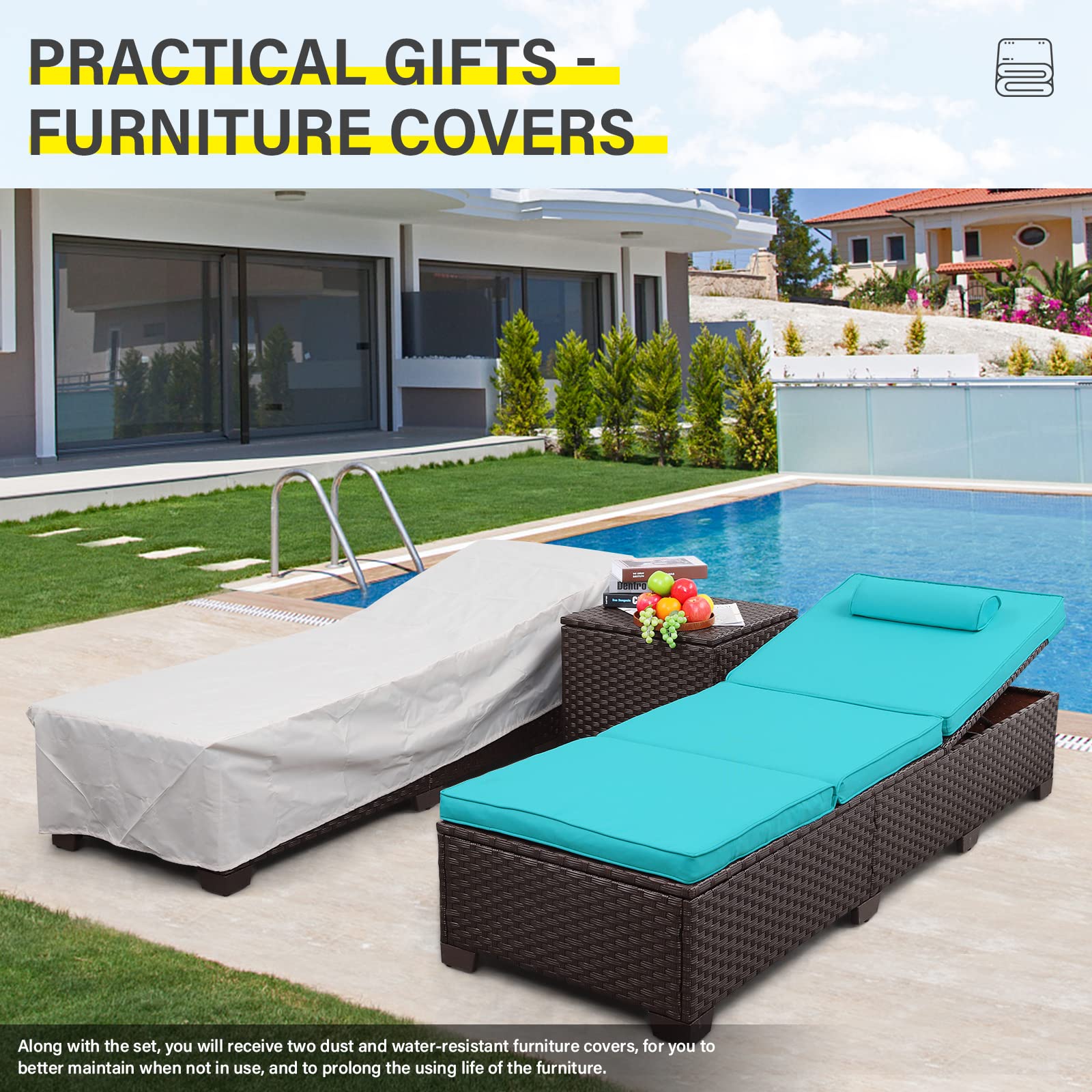 Outdoor PE Wicker Chaise Lounge Set of 3 - Adjustable Brown Rattan Recliners with Turquoise Cushions & Storage Table - Patio, Poolside, Garden Furniture for Relaxing Outdoors