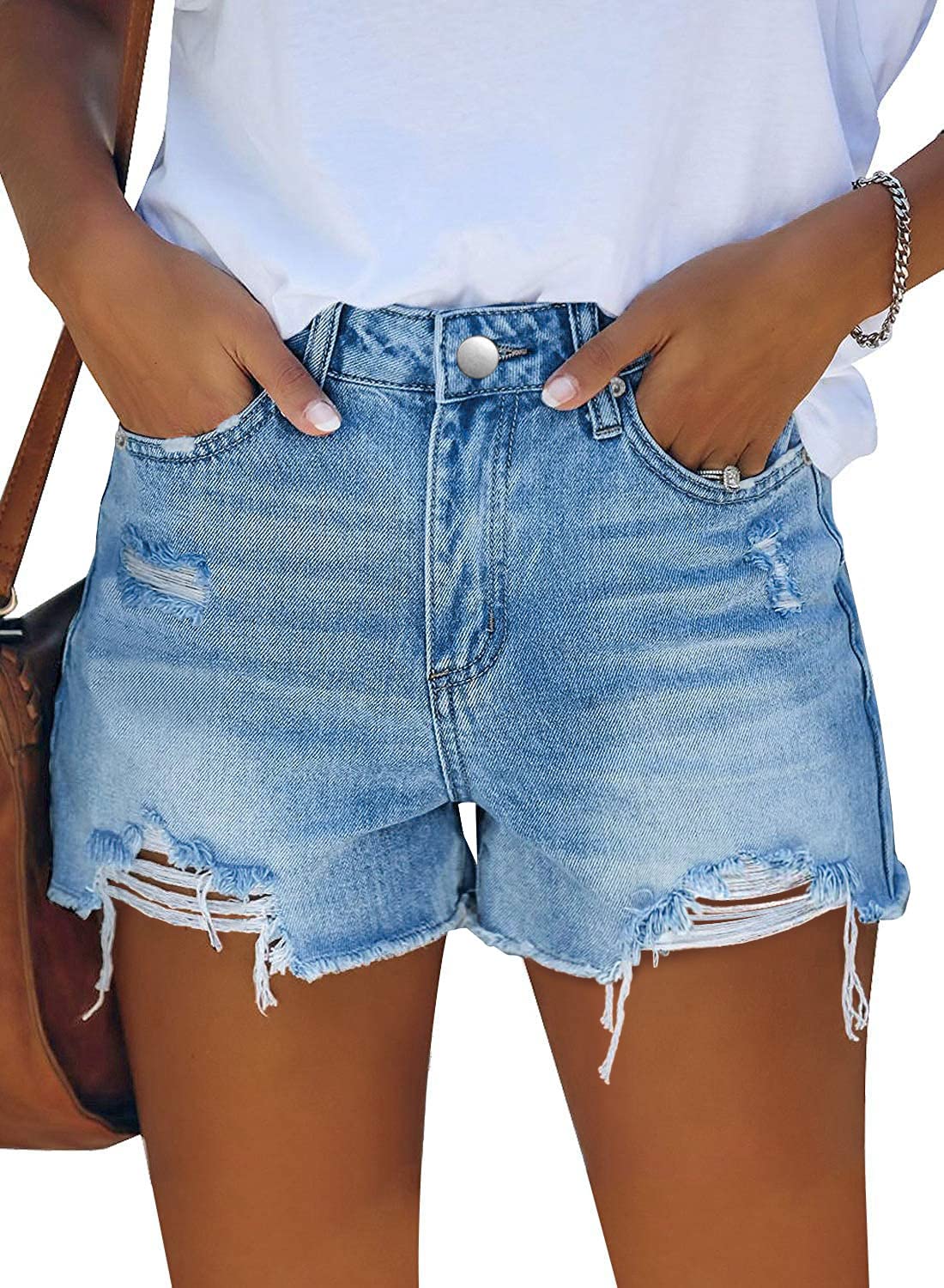 CHICZONE Women's Mid-High Waisted Ripped Denim Shorts - Stretchy Summer Jean Cutoffs for Casual Outfits & Beach Wear