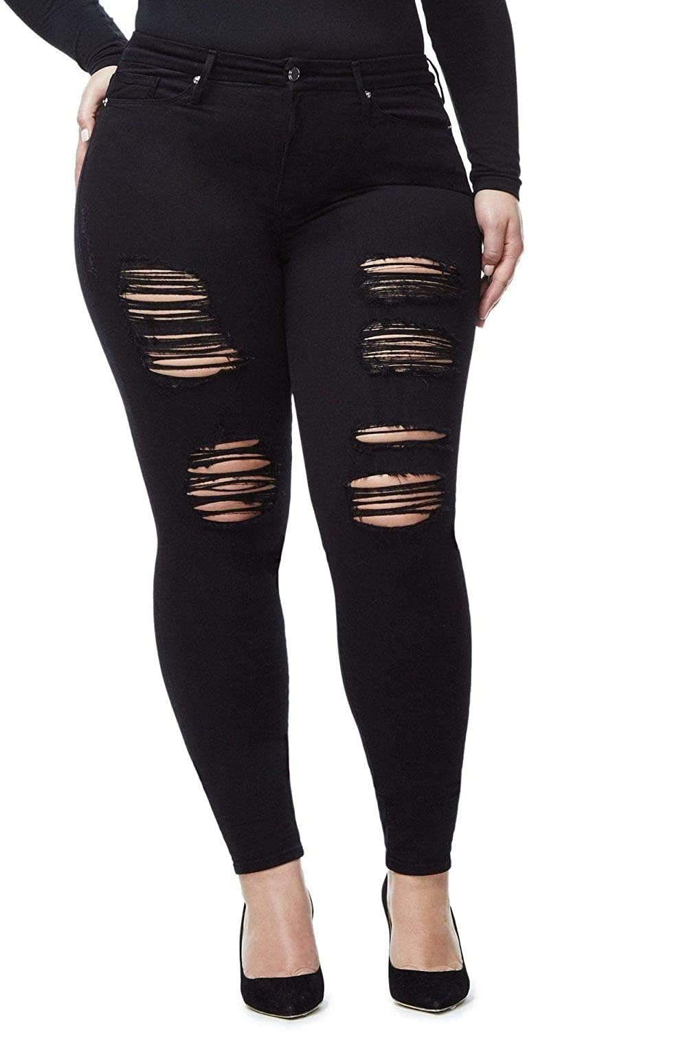 Plus Size Women's Skinny Ripped Distressed Denim Jeans in Blue/Black - Comfortable Stretch Fit for Casual Wear & Everyday Outfits