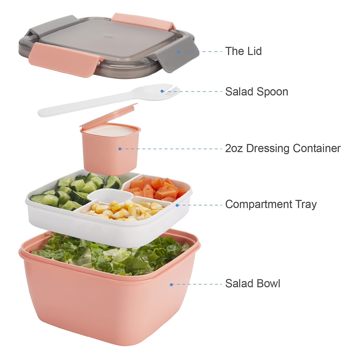 Freshmage 52-oz 3-Compartment Salad Lunch Containers To Go - 2 Pack BPA-Free Leakproof Bowls with Dressing Containers for Toppings & Snacks (Pink & Green) - Perfect for Office Lunch, Meal Prep, Picnics & Healthy Eating On-The-Go
