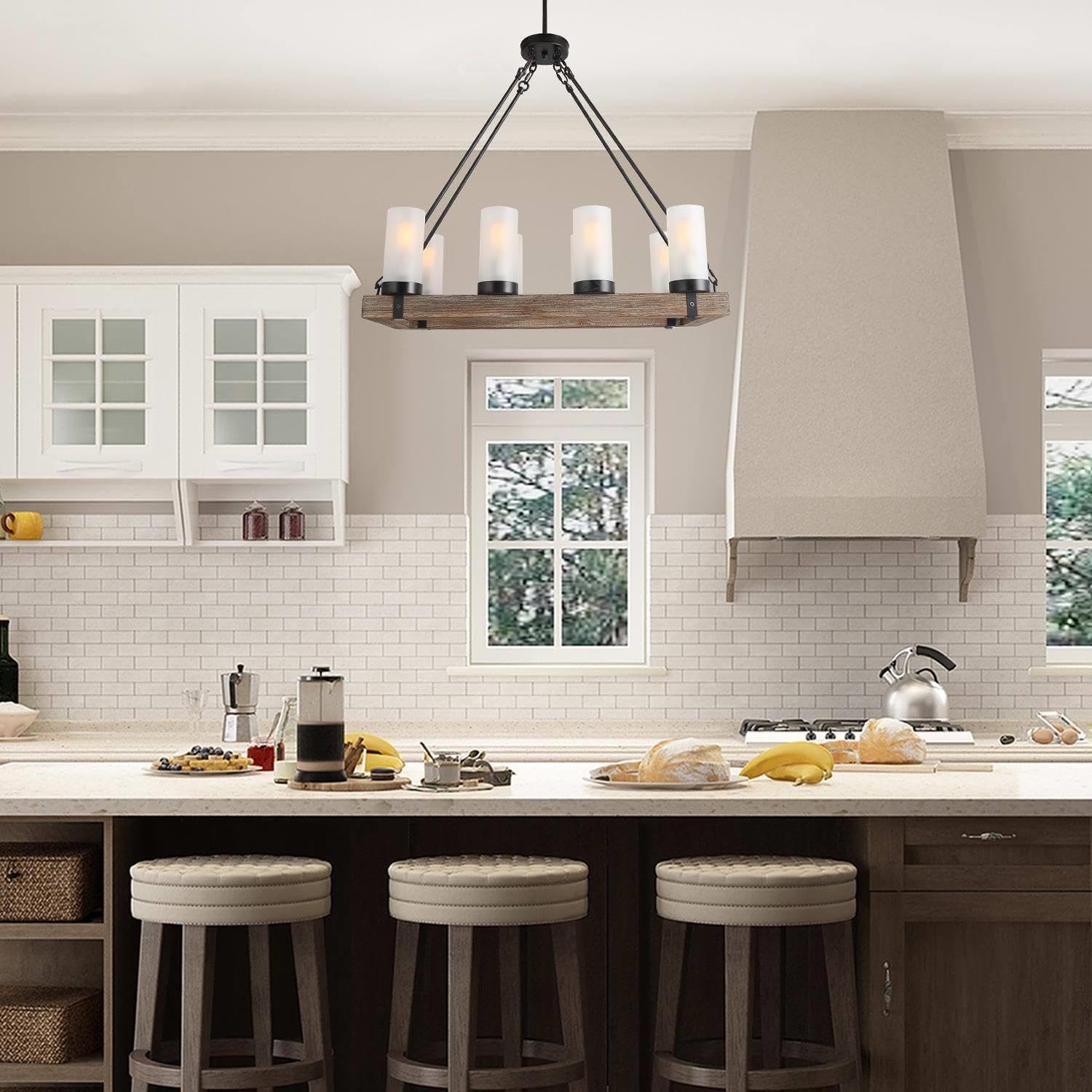 Rustic Farmhouse Wood Chandelier - Large Black Rectangular Light Fixture with Frosted Glass Shade for Kitchen Island, Dining Room, Living Room & Bedroom Lighting | Perfect for Country Style Home Decor