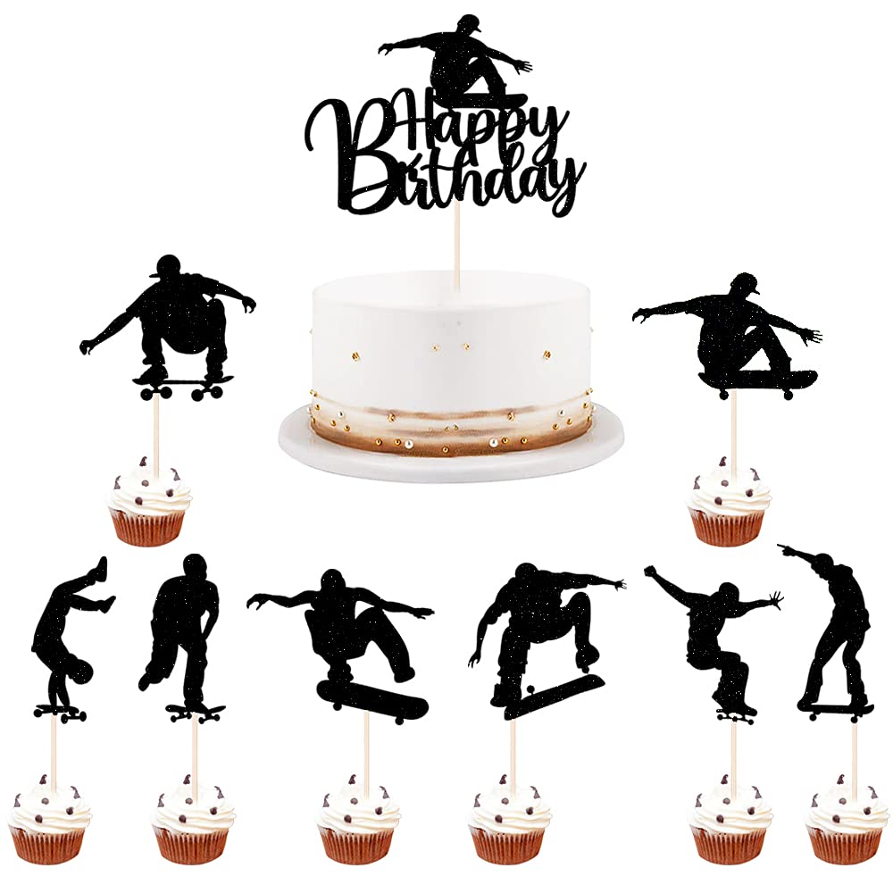 LVEUD 7PCS Black Glitter Skateboard Happy Birthday Cake Toppers - Perfect for Skateboard Birthday Party Decorations & Sport Theme Celebrations | Ideal for Cake Decor, Party Supplies, and Skateboarding Enthusiast Events