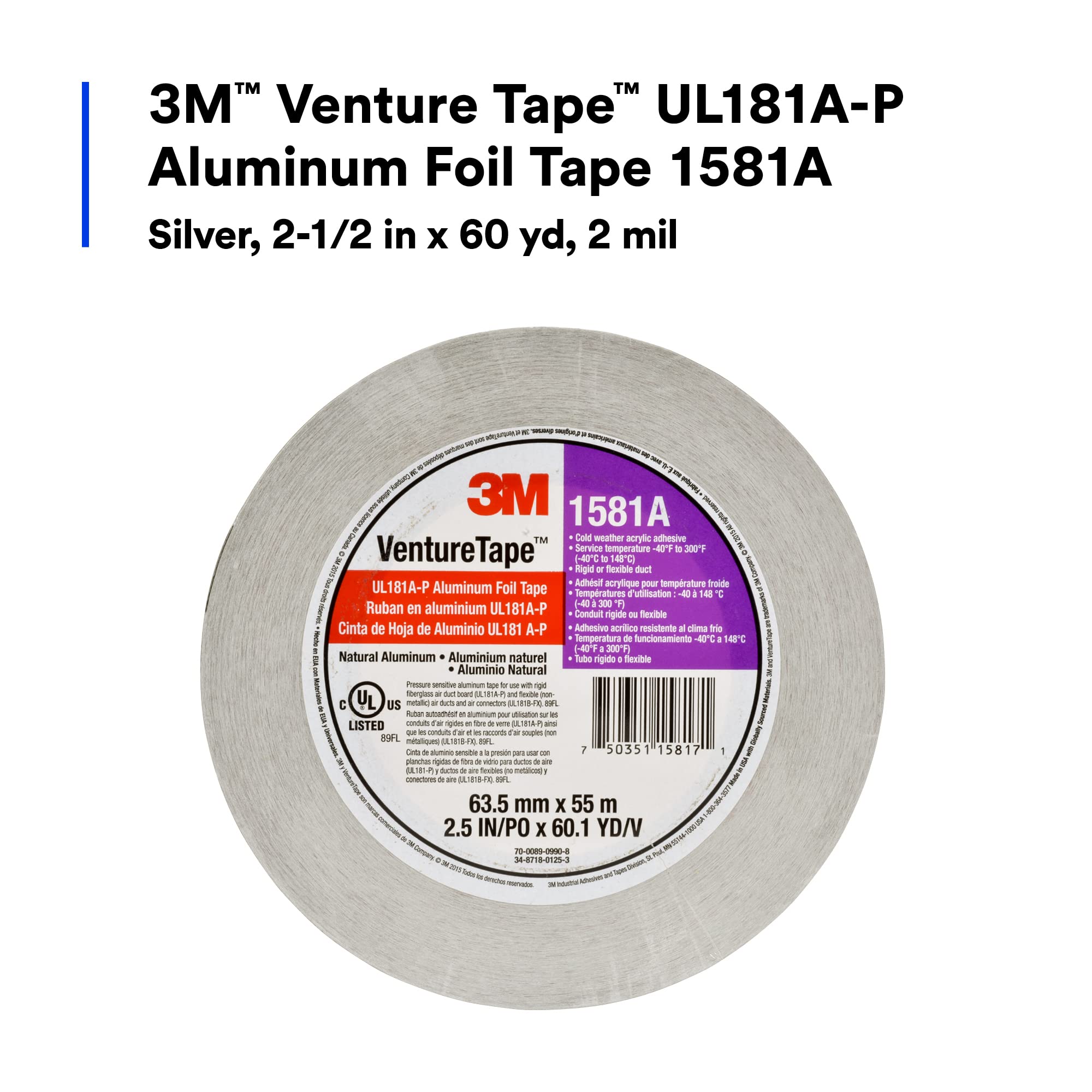 3M Venture Tape UL181A-P Aluminum Foil Tape 1581A - 2.5 in x 60 yd HVAC Duct Sealing Tape for Rigid & Flexible Ducts | Cold Weather Adhesive, Durable 2 Mil Foil Tape | Perfect for HVAC Systems, Air Duct Repairs & Insulation Projects