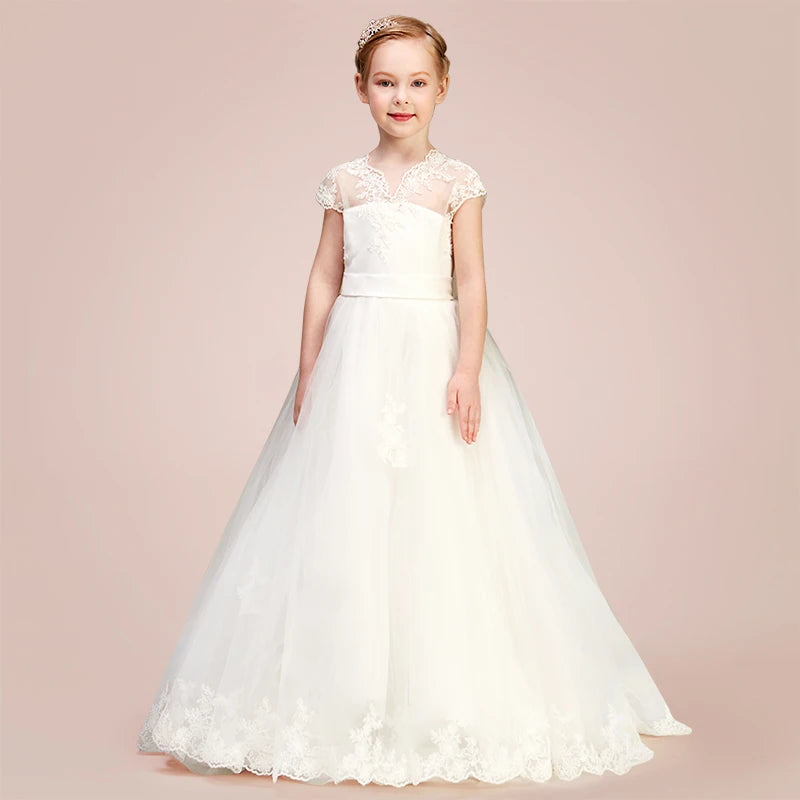 White Princess Tulle Lace Junior Dress for Girls - Short Sleeve Flower Girl Dress for Weddings, Parties & Special Occasions | Perfect for Birthday Celebrations, Pageants & Formal Events