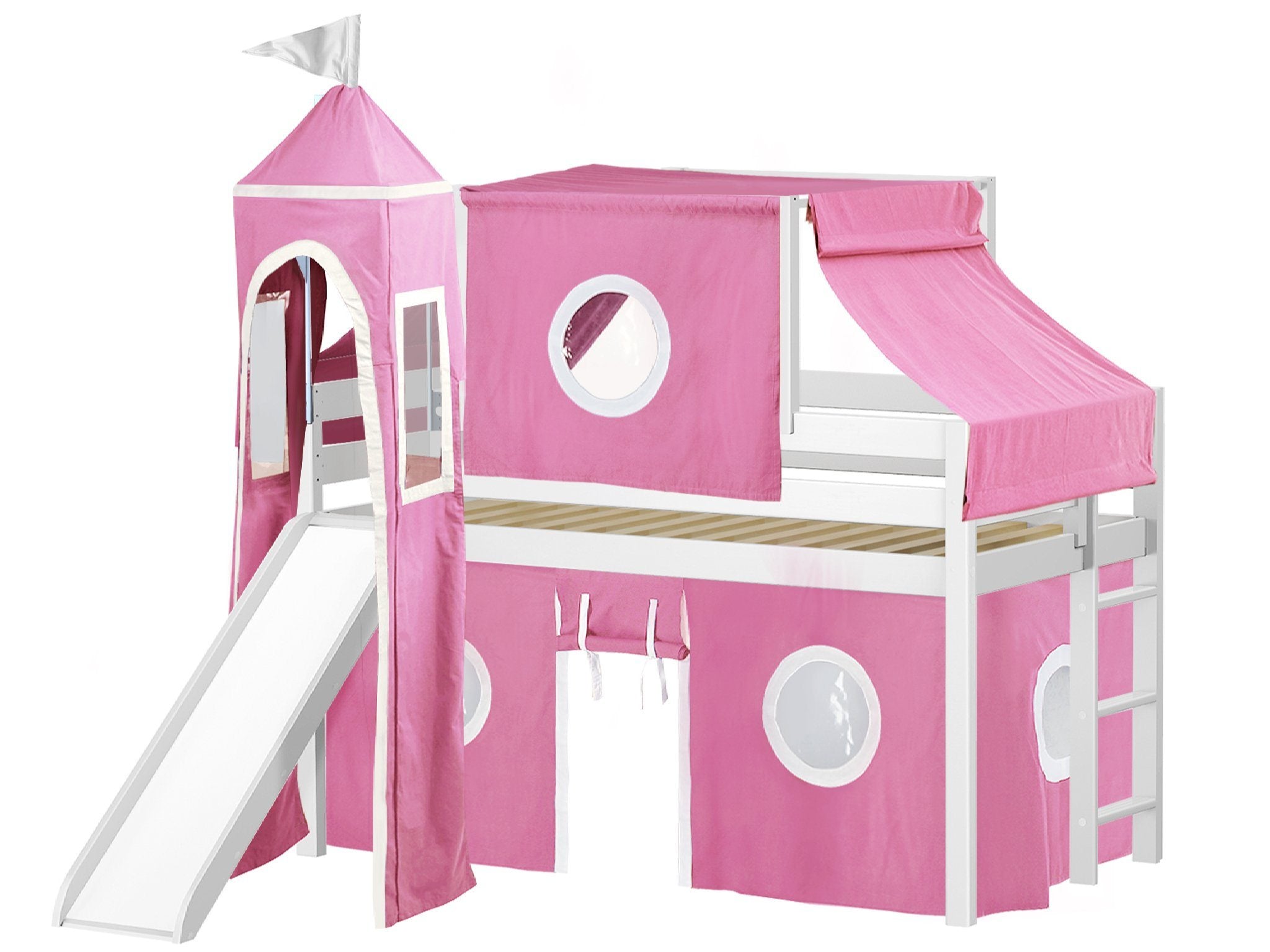 Princess Twin Low Loft Bed with Slide and Pink & White Tent - Space-Saving Kids Bedroom Furniture for Small Rooms, Playrooms & Sleepovers