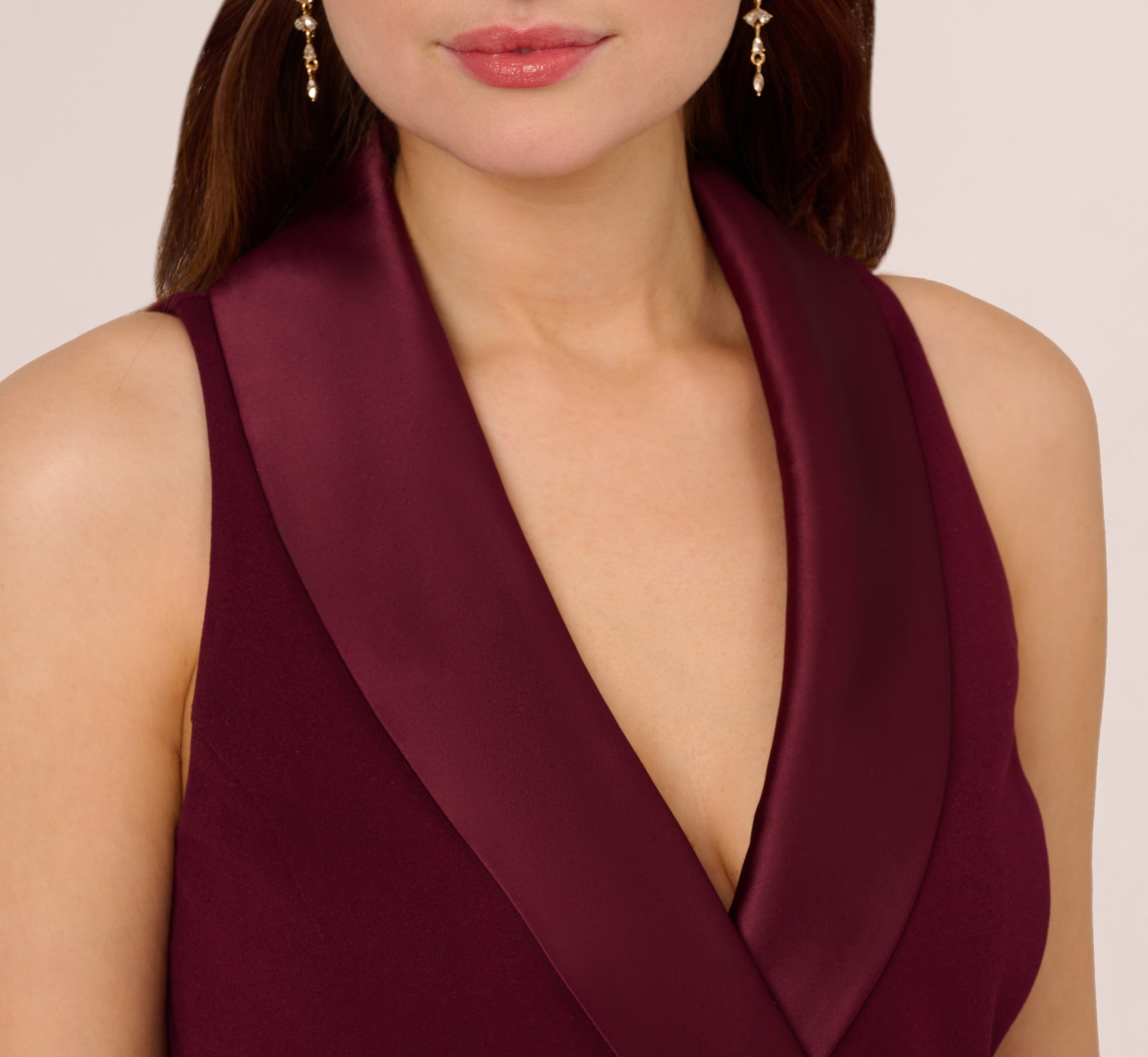 Elegant Sleeveless Crepe Tuxedo Dress with Charmeuse Accents in Cabernet - Perfect for Cocktail Parties, Evening Events & Formal Occasions