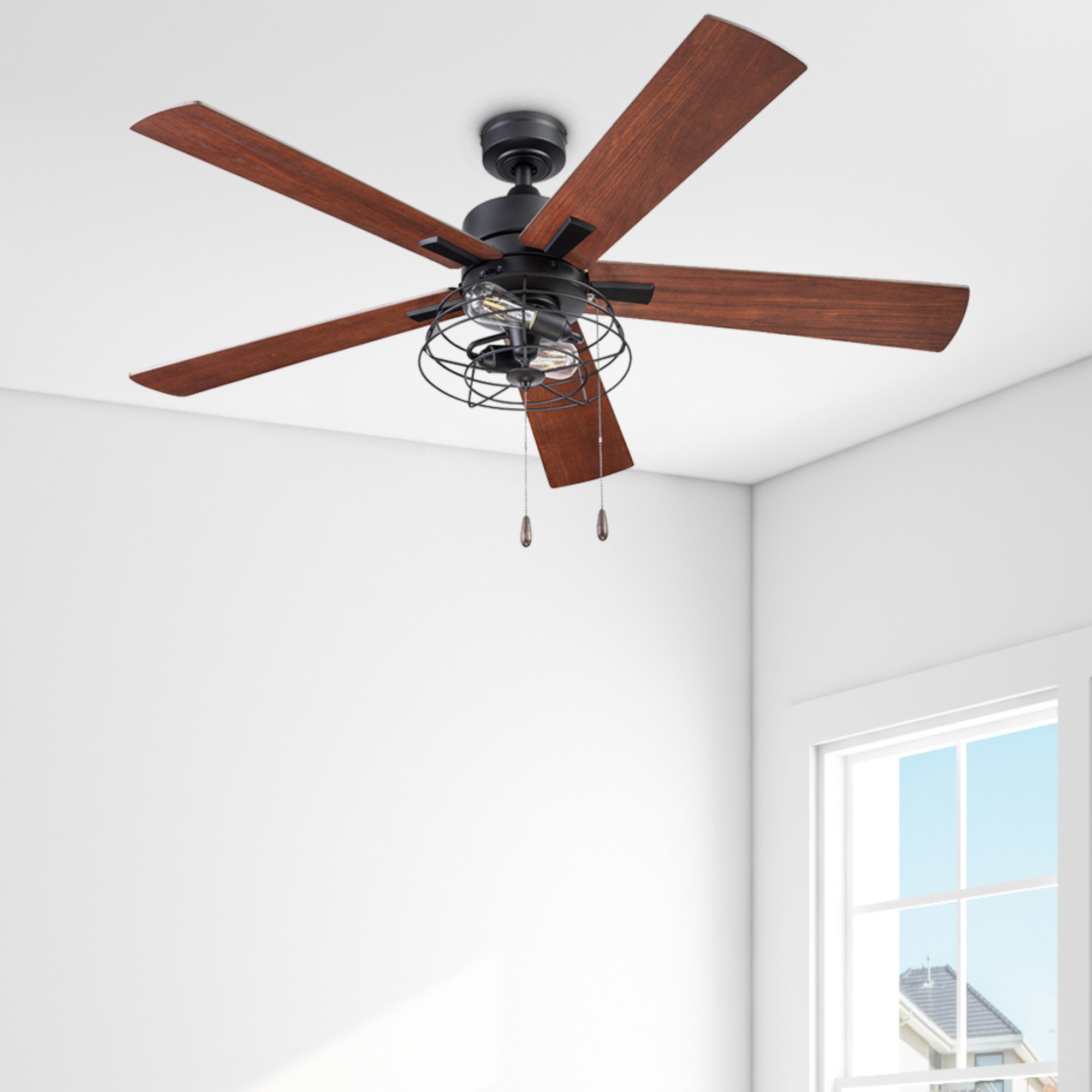 52 Inch Matte Black Ceiling Fan with Pull Chain - Marshall Style - Perfect for Living Room, Bedroom, and Outdoor Patio