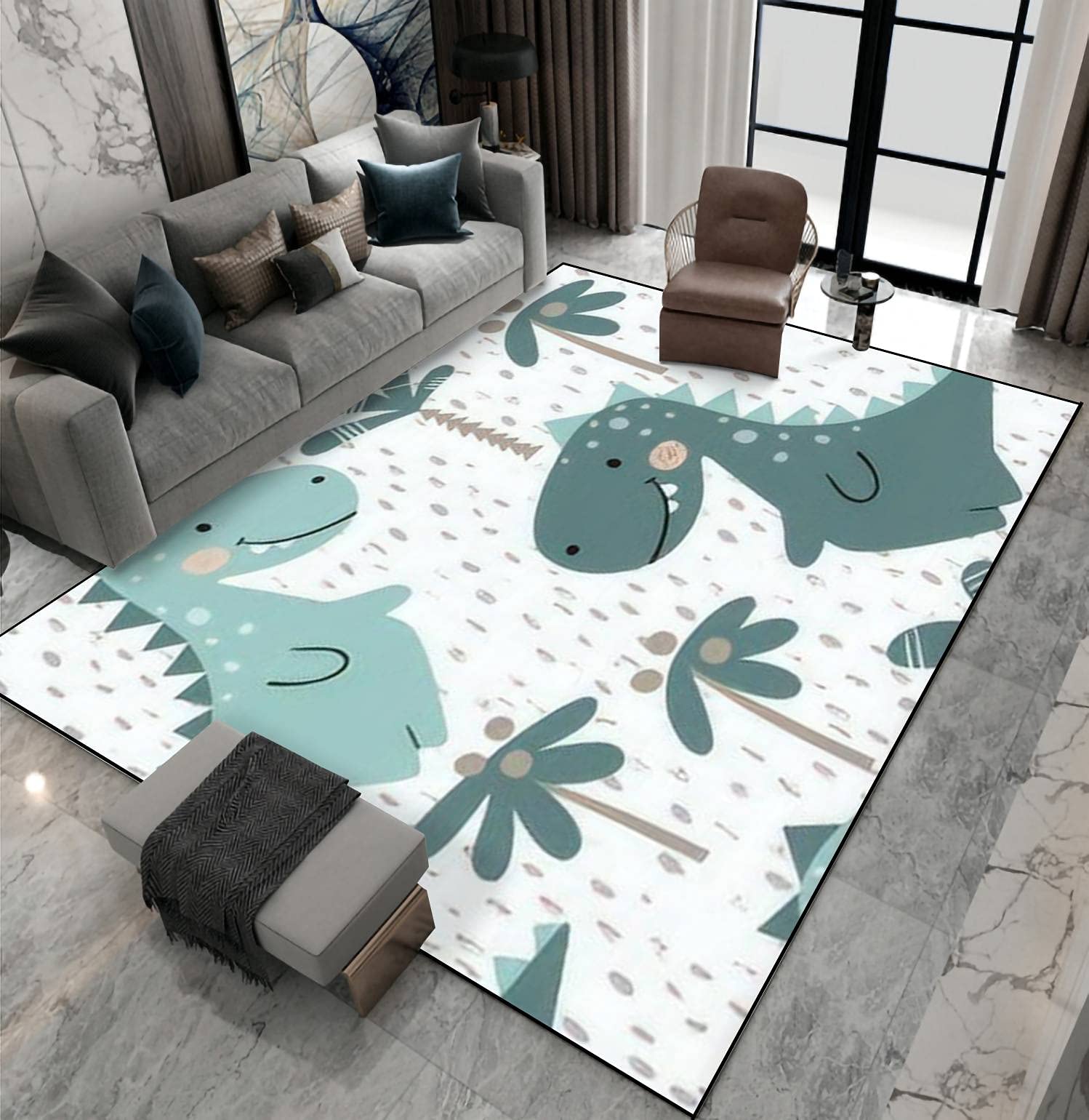Non-Slip Dinosaur Area Rug - Soft Floor Mat for Baby Boys Room, Kids Bedroom & Nursery - Sweet Dino with Palm Tree Seamless Pattern - Indoor Outdoor Living Room Carpet Runner - Home Decor, Yoga Mat, Patio Rug - Perfect for Playrooms, Daycare Centers & Toddler Safe Spaces
