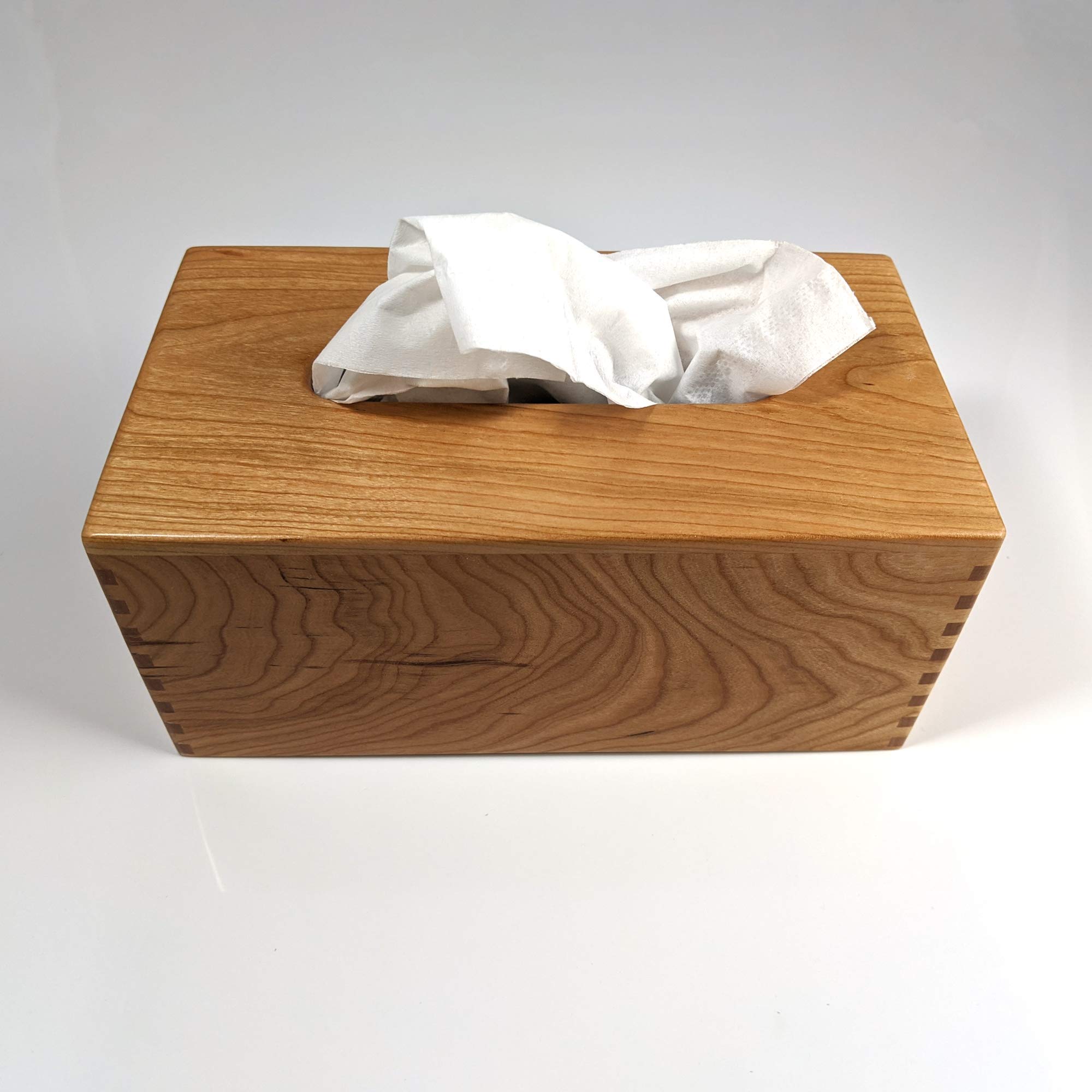Handmade Cherrywood Tissue Box Cover - Solid Wood Rectangle Tissue Box Holder with Box-Jointed Sides for Home & Office Decor