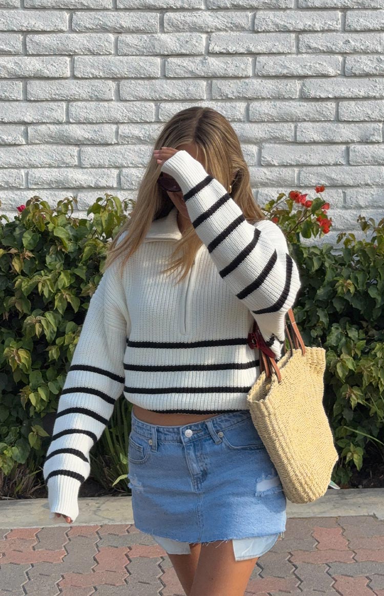 Copenhagen Cream Stripe Quarter Zip Knit Sweater for Men - Casual Pullover for Fall & Winter - Perfect for Office, Outdoors, and Travel