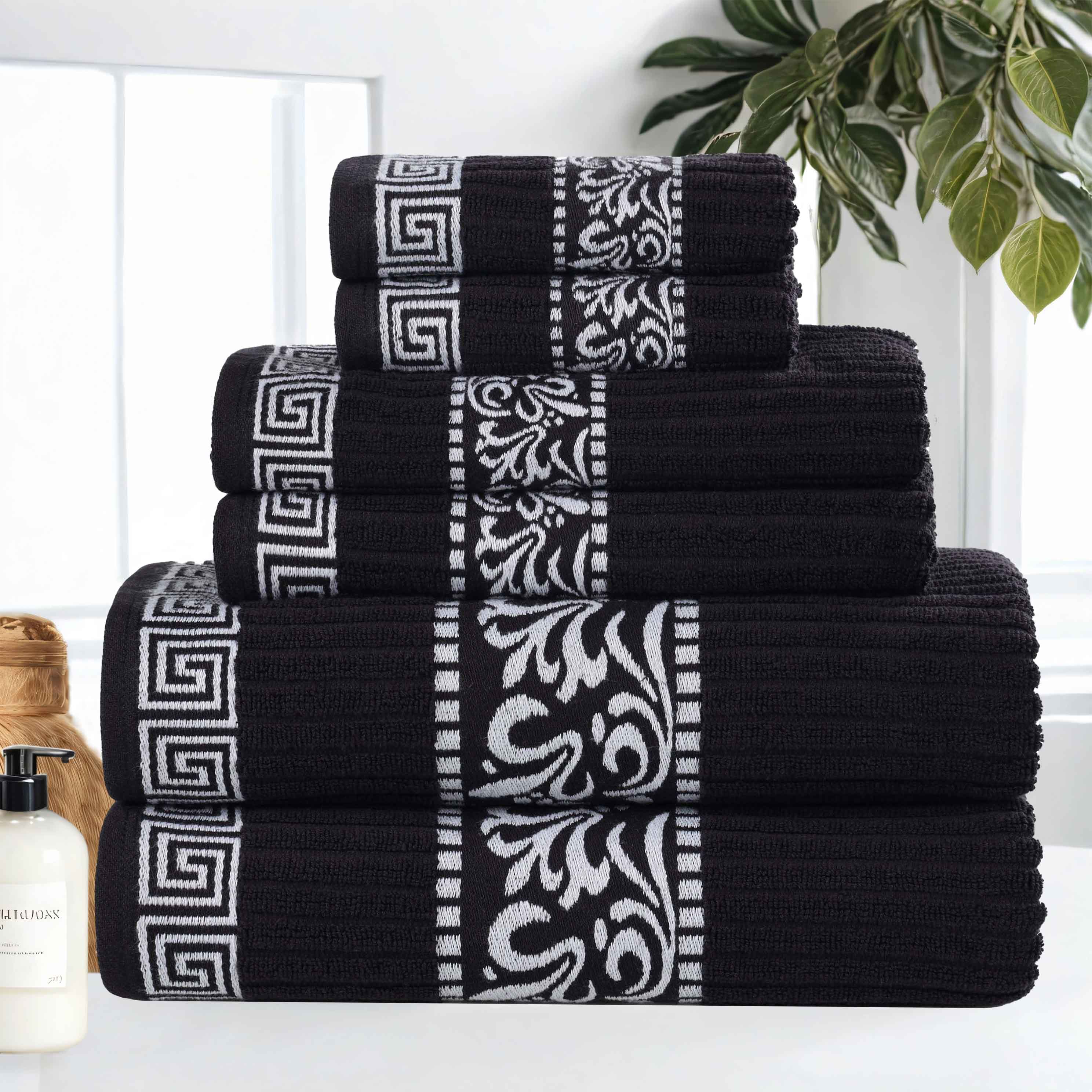 Athens Cotton Greek Scroll and Floral 6-Piece Bath Towel Set - Soft & Absorbent for Bathroom, Spa, and Beach Use