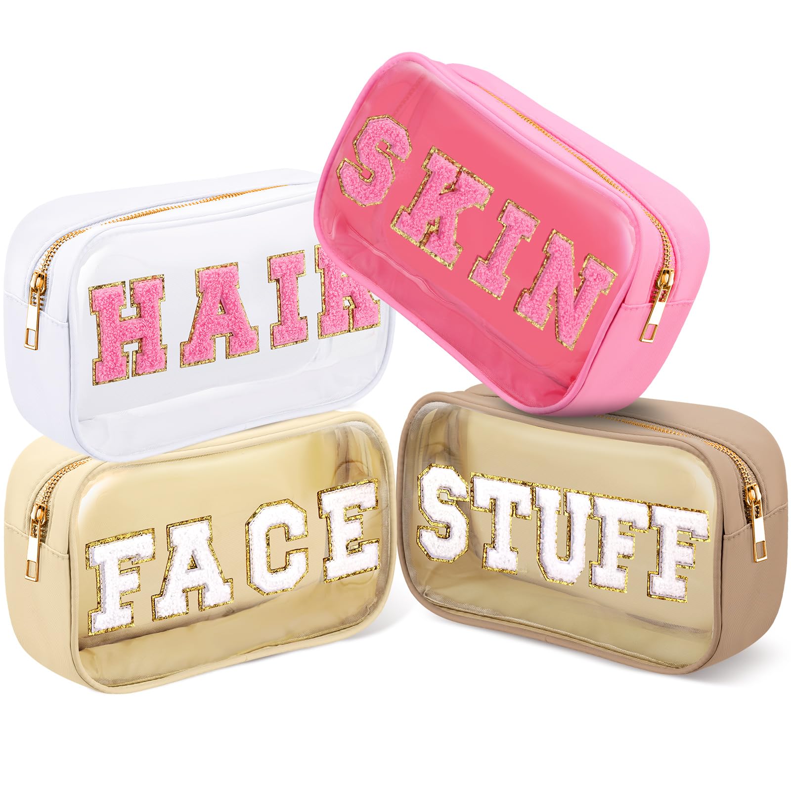 4-Piece Chenille Letter Cosmetic Bag Set - Waterproof Nylon & PVC Makeup Pouch, Travel Toiletry Organizer for Women - Gym, Beach, Vacation Essentials (Fresh Colors) - Perfect for Travel, Daily Use & Gift Giving