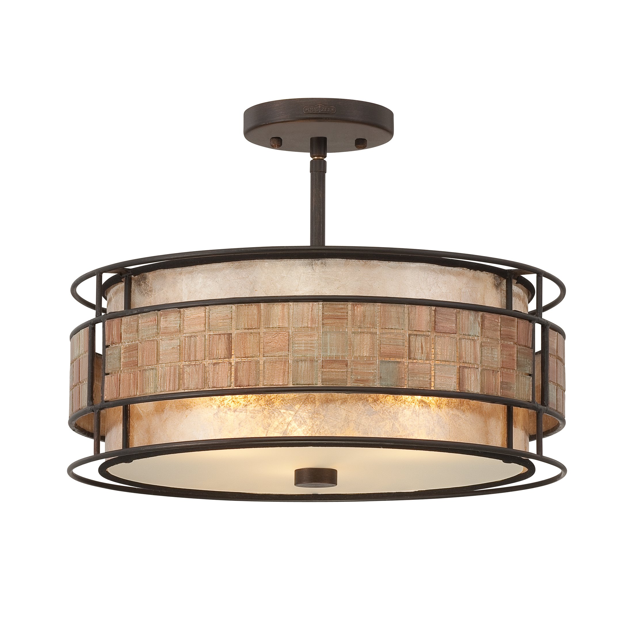 Quoizel Laguna 3-Light Semi-Flush Mount Ceiling Light - Renaissance Copper Finish with Mosaic Tile Stripe & Taupe Mica Shade - Traditional Classic Ceiling Light for Dining Room, Bedroom, or Hallway Lighting