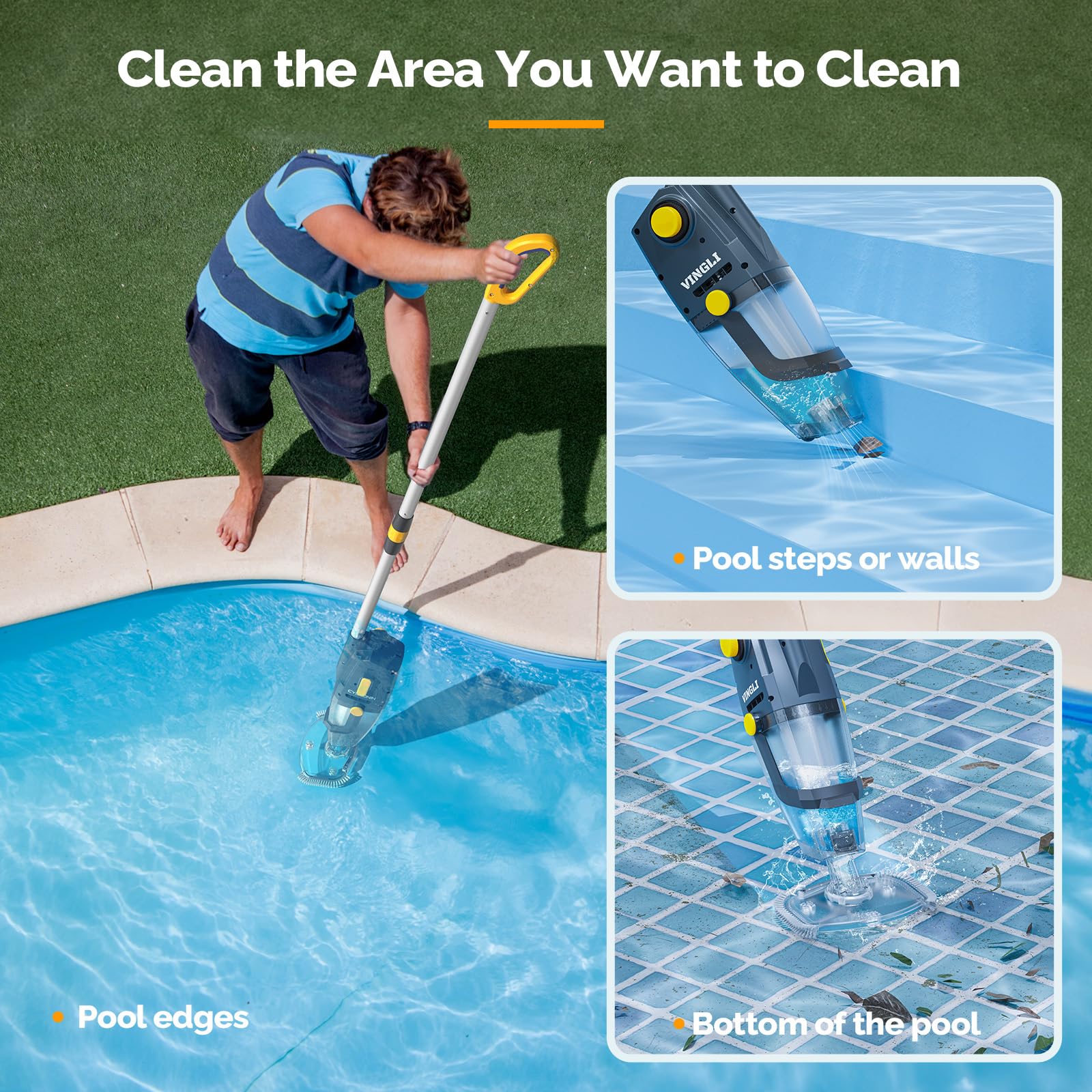 VINGLI Cordless Rechargeable Handheld Pool Vacuum Cleaner - Ideal for Above Ground & In Ground Pools, Hot Tubs, Spas - Lightweight Portable Design (Yellow & Grey) | Perfect for Quick Pool Maintenance, Backyard Cleaning & Water Feature Care