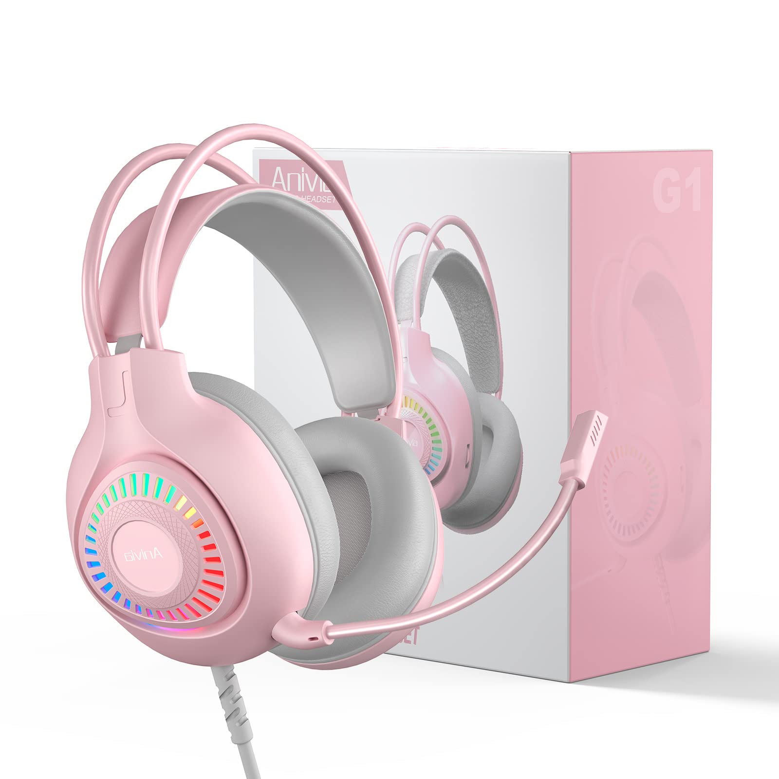 Anivia G1 Pink Gaming Headset - Wired Over-Ear Headphones with Noise Isolation Mic & LED Lights for PS5, PS4, Xbox One, PC, Nintendo Switch - Immersive Surround Sound for Gaming, Streaming & Online Chat
