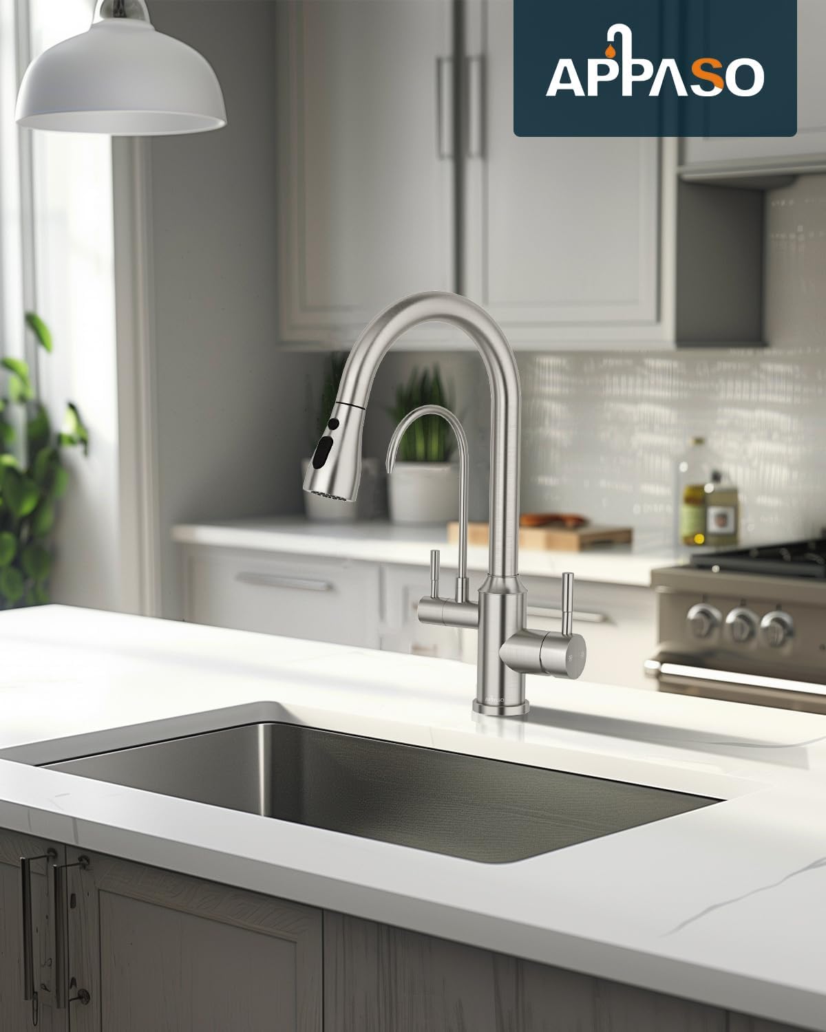 APPASO 3-in-1 Pull Out Kitchen Faucet with Sprayer & Water Filter - High Arch 2 Handle Brushed Nickel Sink Faucet for Modern Home Kitchen (Perfect for Cooking, Washing Dishes & Filling Large Pots)