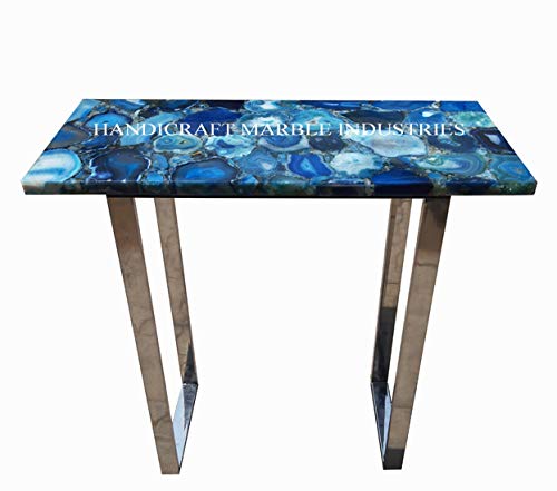 36 x 12 Inch Blue Agate Table Top - Natural Stone Dining Table & Console Table with Metal Stand - Perfect for Living Room, Entryway, or Luxury Home Decor