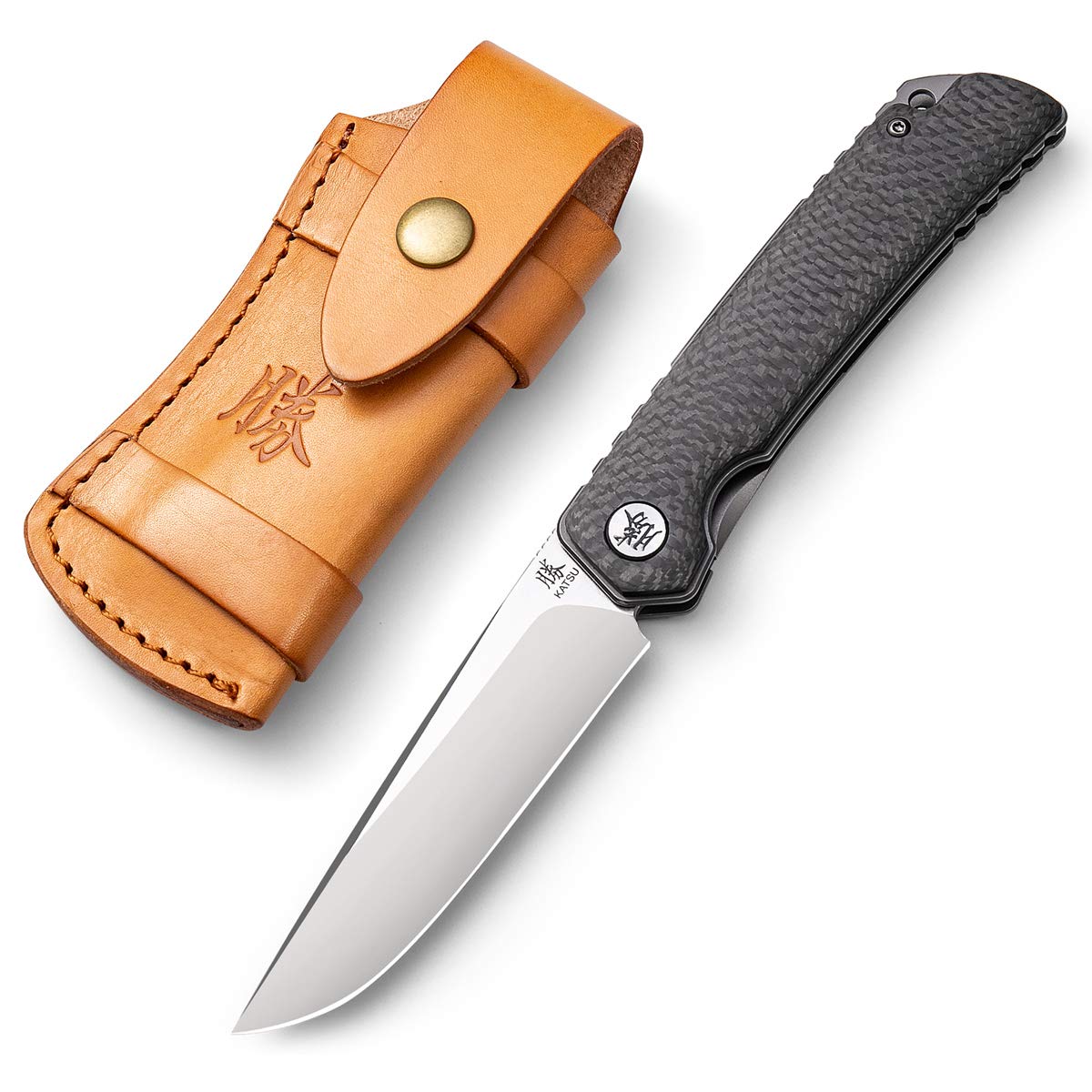 KATSU Folding Pocket Knife - Japanese Style EDC Knife with 154CM Steel Blade & Carbon Fiber Handle | Includes Leather Sheath | Perfect for Camping, Hiking, and Everyday Carry