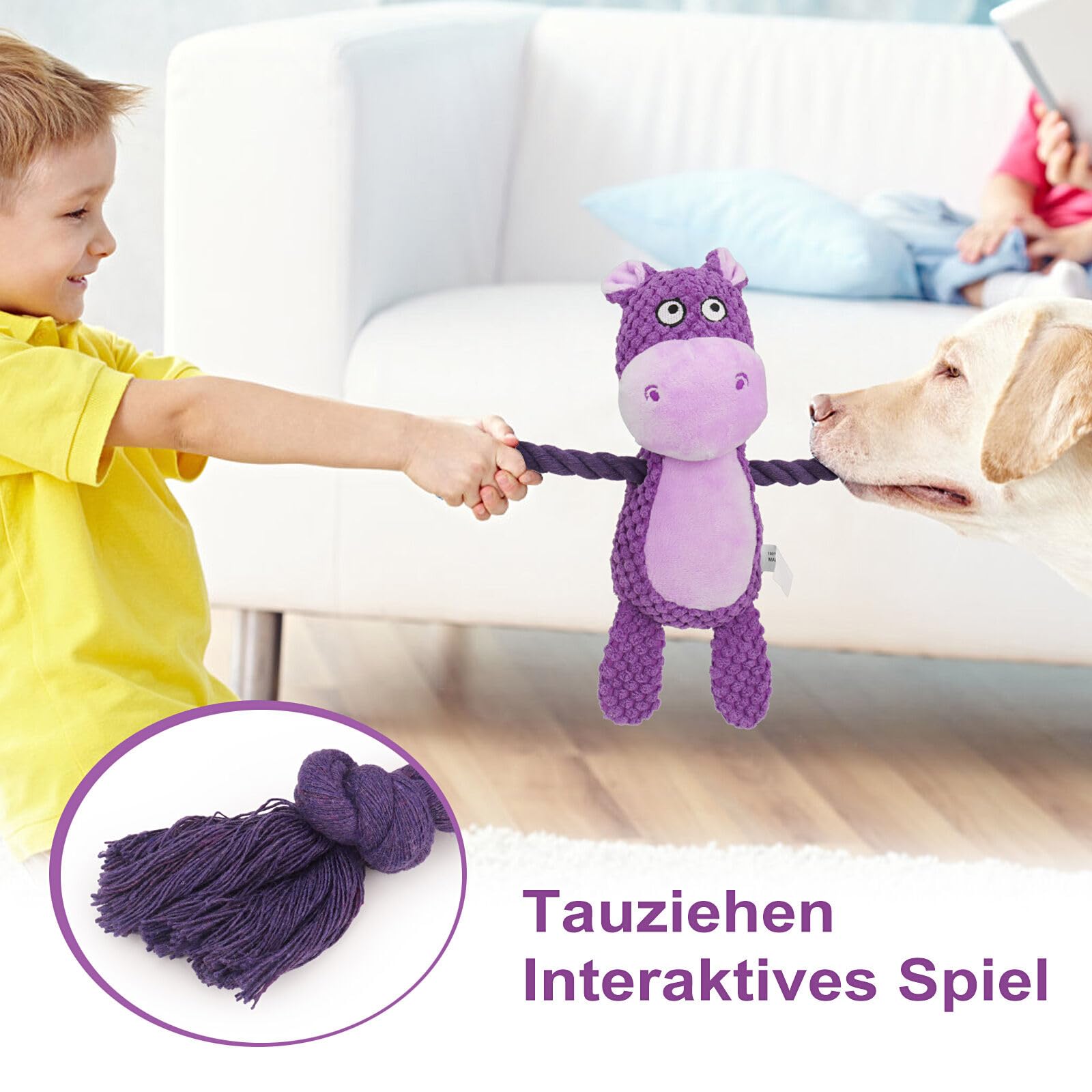 Durable Dog Chew Toys with Squeaker & Crinkle Paper - Interactive Plush Stuffed Animal & Cotton Rope Puppy Toys for Small & Medium Dogs - Purple Hippo Design - Perfect for Playtime, Training & Teething Relief