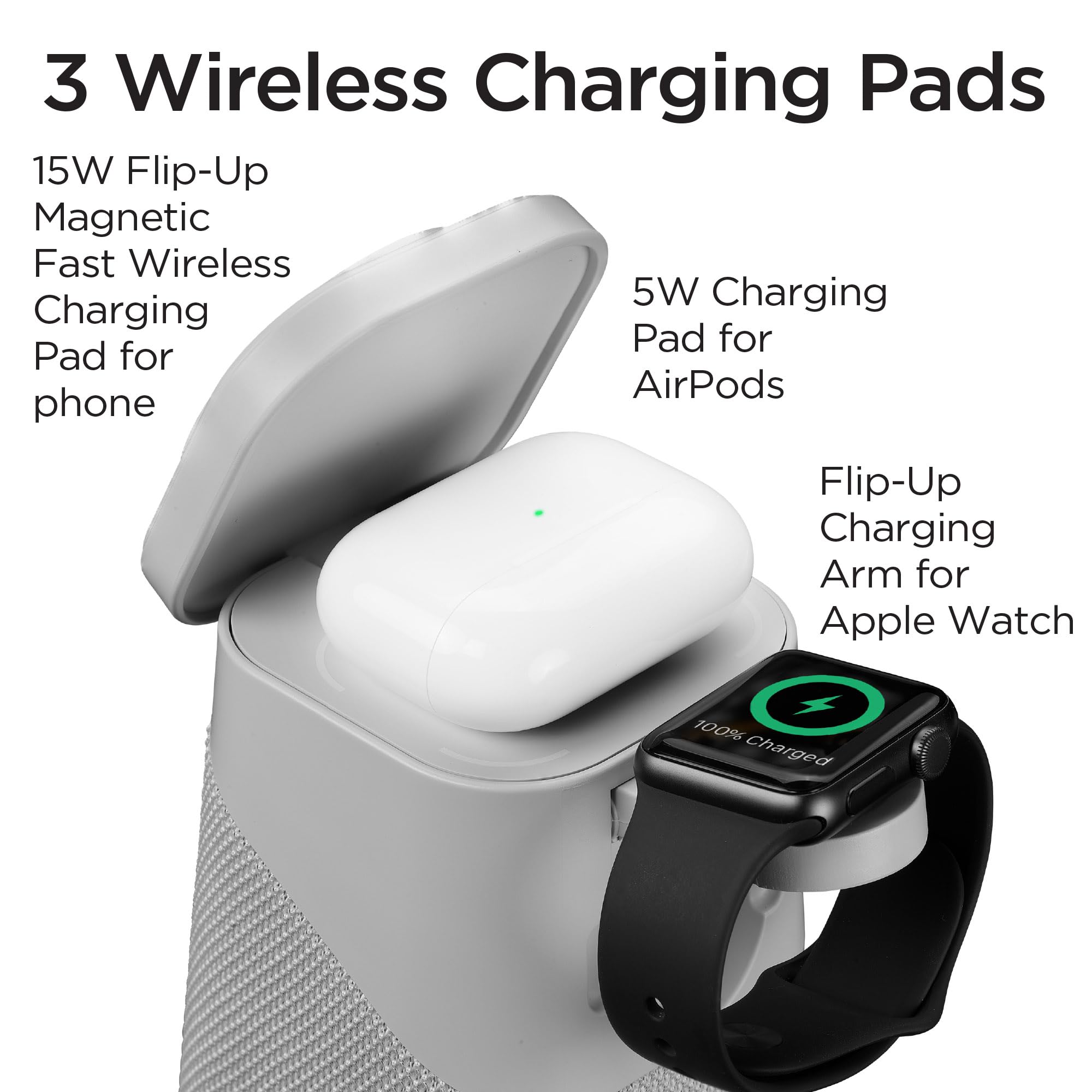iHome Wireless Charger with Apple Watch Charger, AirPods Charging, Bluetooth Speaker & Color Changing Night Light - 3-in-1 Charging Station for iPhone, Smartwatch & Earbuds - Perfect for Bedroom, Office & Travel (Grey, Model iPBT70G)