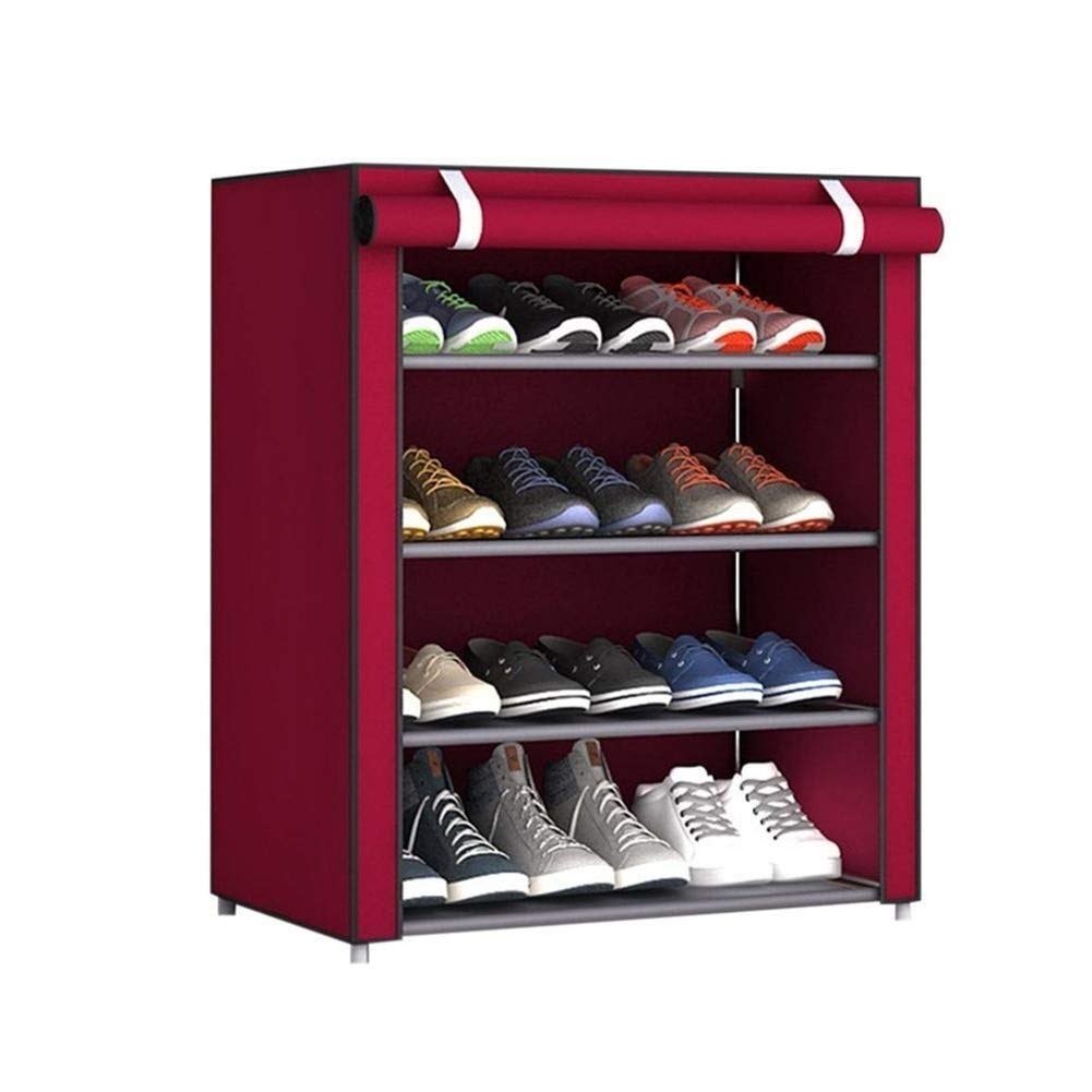 YBYB Large Dustproof Shoe Rack Organizer - 4-Tier Non-Woven Fabric Shoe Storage Shelf for Bedroom, Closet & Entryway - Space-Saving Shoe Cabinet for Home & Dorm (Red)