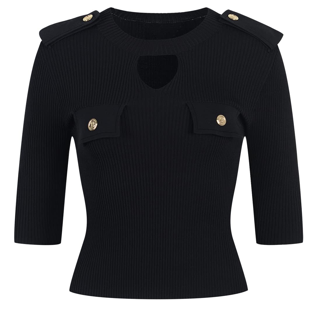 Women's Casual Knit Pullover Sweater with Gold Buttons - Summer Black Top for Everyday Wear, Office & Outings