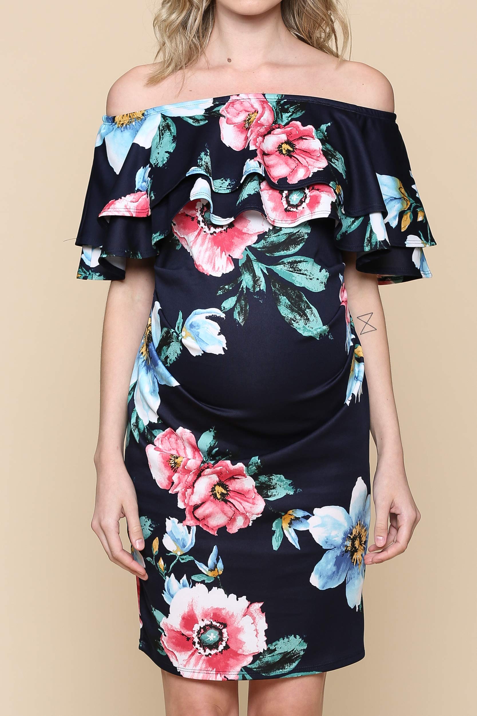 LaClef Women's Off Shoulder Maternity Dress with Double Ruffle - Comfortable Pregnancy Dress for Baby Shower, Maternity Photo Shoot & Summer Occasions