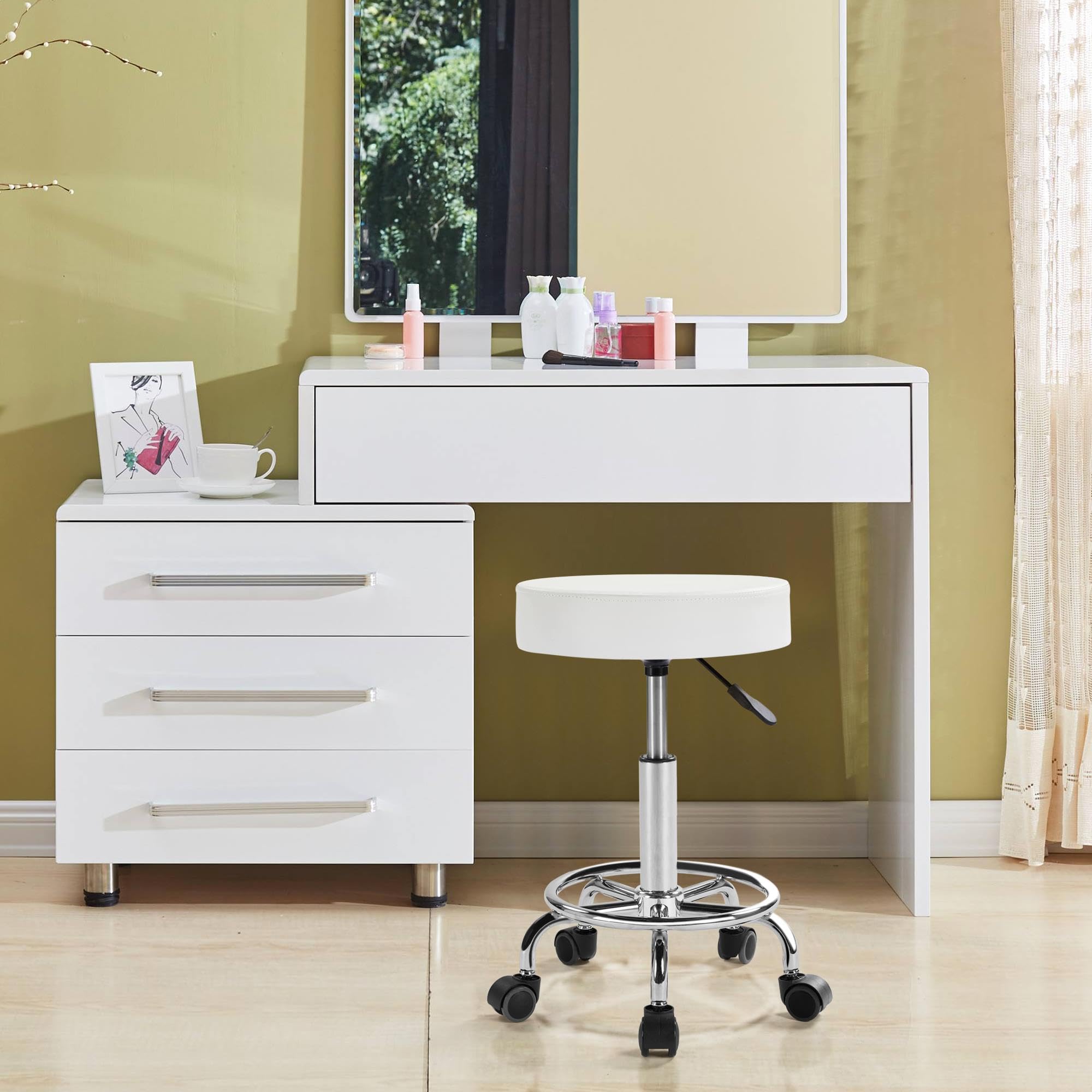 Topeakmart Adjustable Rolling Stool with Footrest - Swivel Spa Chair for Tattoo, Massage, Office & Beauty Salon - PU Leather Drafting Stool with Height Adjustment (White) - Perfect for Tattoo Artists, Hair Stylists, and Salon Professionals