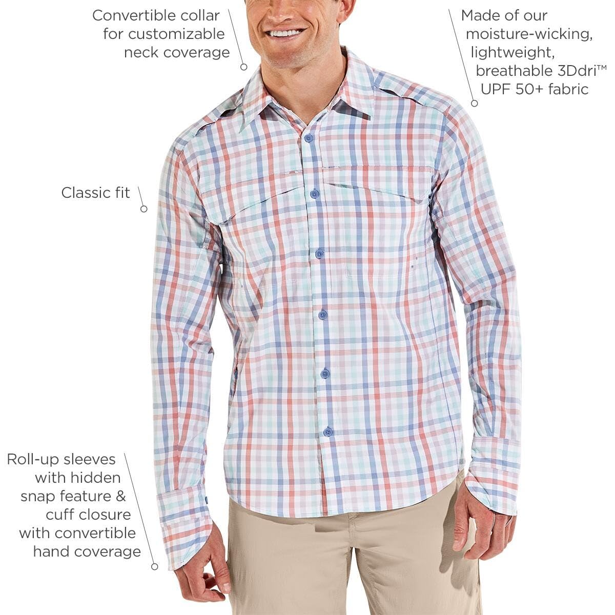 Coolibar UPF 50+ Men's Nassau Fishing Shirt - Sun Protective Long Sleeve Shirt for Outdoor Activities, Fishing, Hiking & Beach Wear