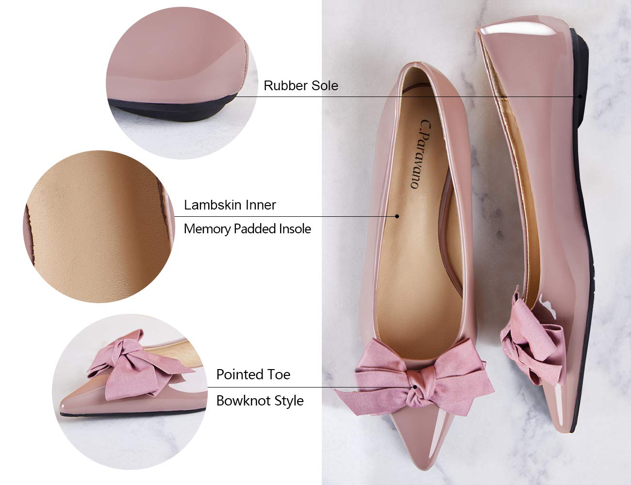 C.Paravano Women's Pointy Bow Flats - Comfortable & Stylish Slip-On Shoes for Casual Wear, Office & Work | Perfect for Business Attire, Daily Commute & Formal Occasions
