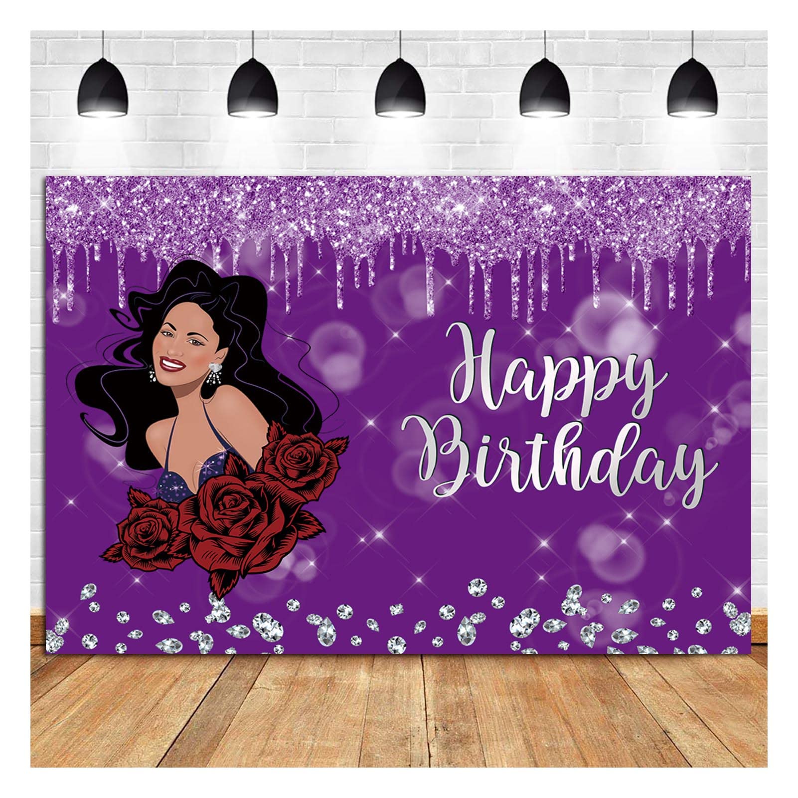 Selena Happy Birthday Photography Backdrop 7x5ft - Glitter Silver Dots & Diamond Purple Rose Flower Background - Party Decorations Supplies - Perfect for Birthday Parties, Photo Shoots, and Special Events