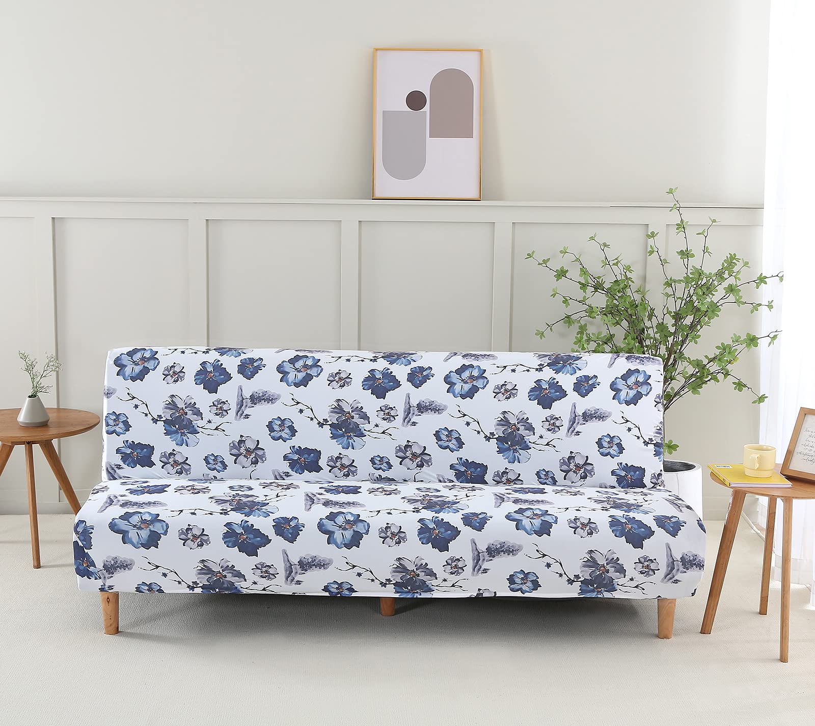 Stretch Elastic Armless Futon Slipcover - MIFXIN Furniture Protector for Foldable Sofa Bed Without Armrests, Blue Floral Design | Perfect for Small Spaces, Guest Rooms & Dorm Decor