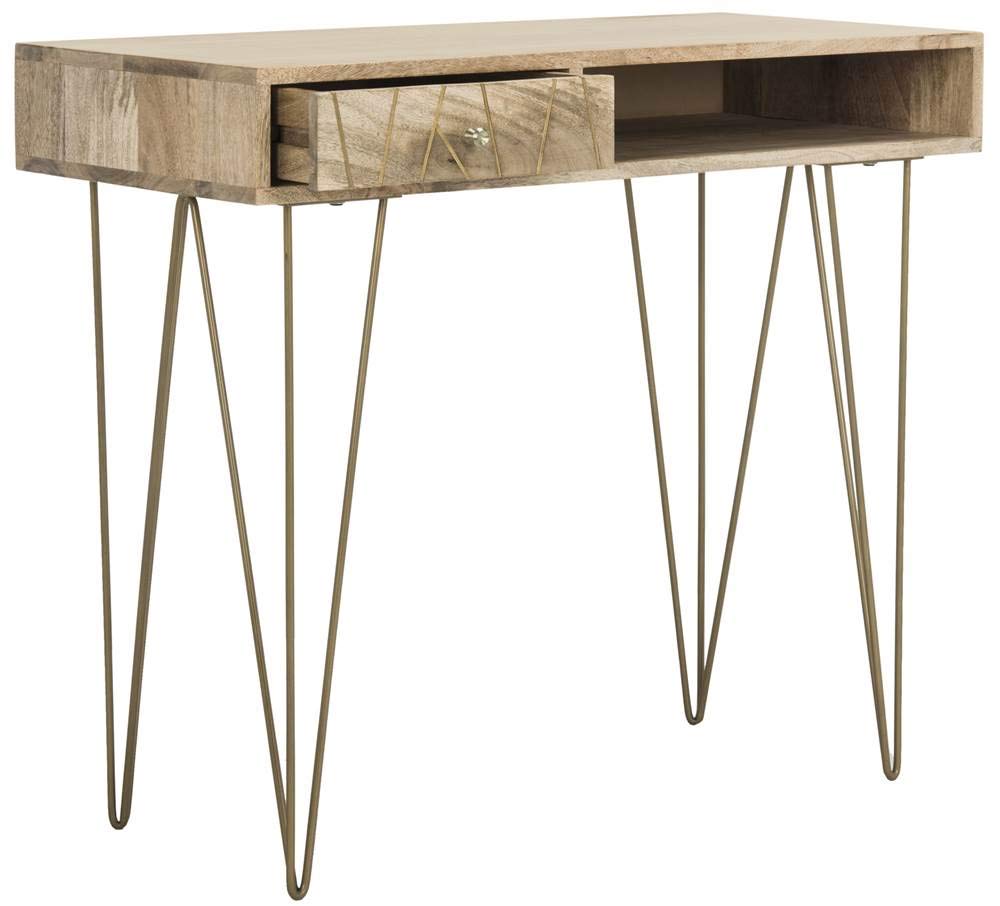Safavieh Marigold Modern Hairpin Leg Desk with 1 Drawer - Natural Wood & Brass Finish - Perfect for Home Office, Study Room, or Workspace