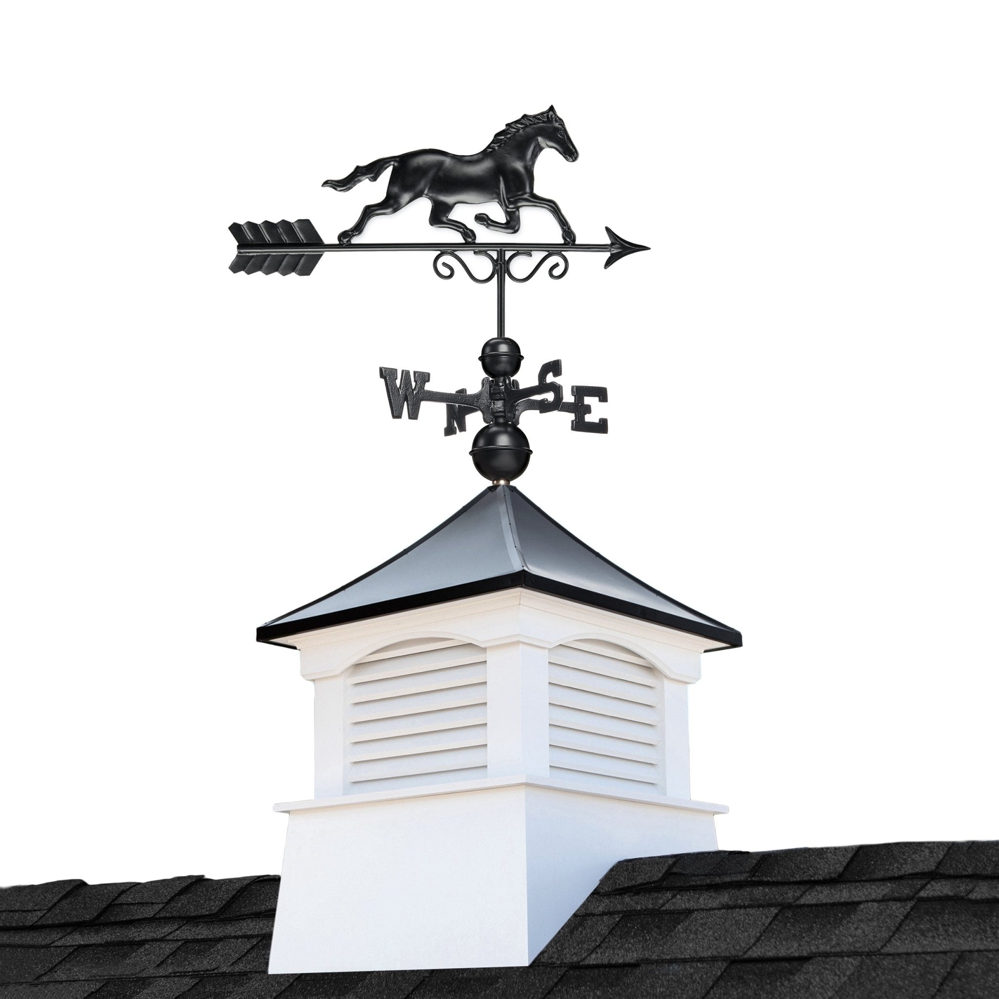 18 Square Coventry Vinyl Cupola with Black Aluminum Roof & Horse Weathervane - Perfect for Barn, Shed, or Garage Decoration