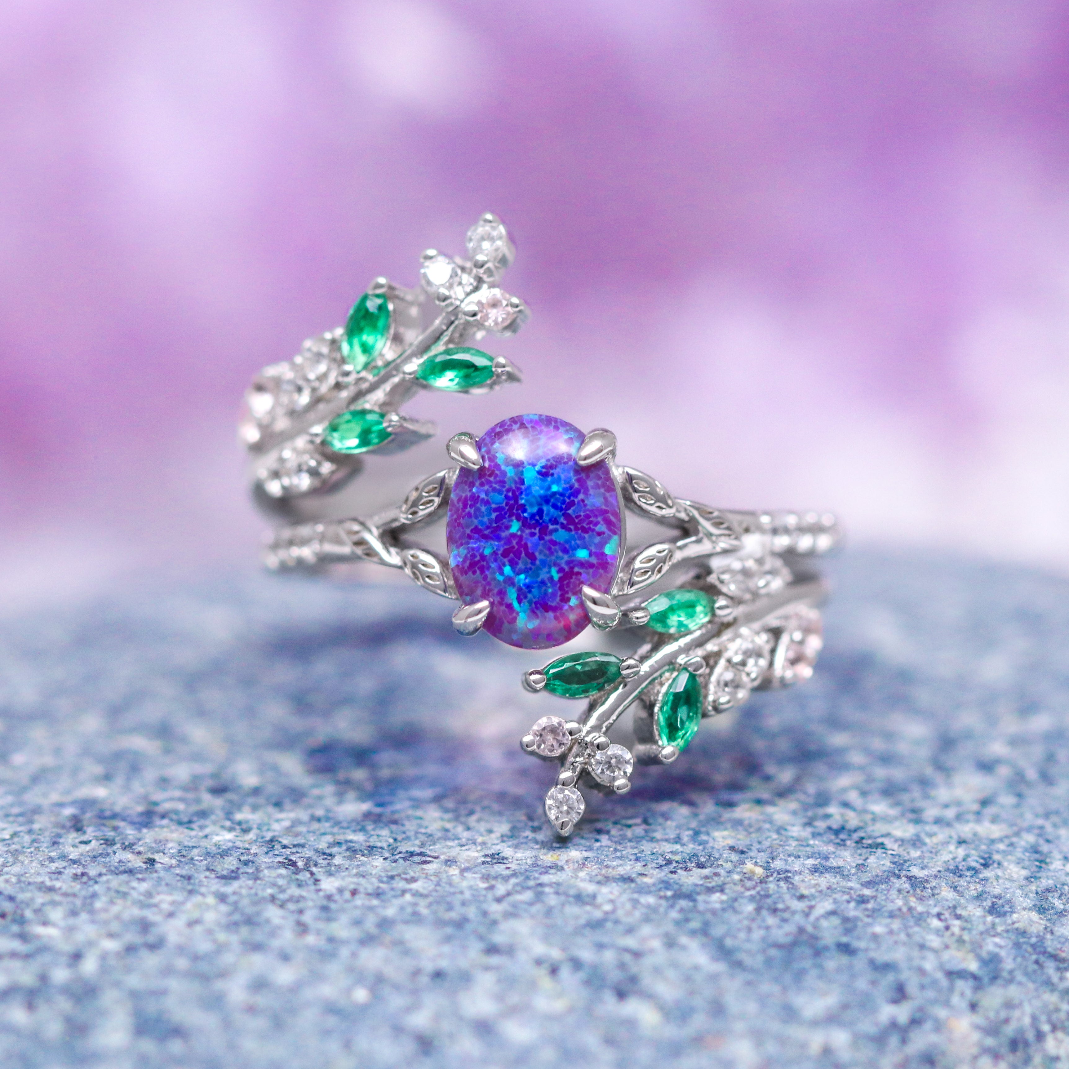 Lavender Fire Opal & Emerald Leaf Couples Ring - Sterling Silver Matching Wedding Bands for Him & Her - Romantic Gift for Anniversary, Engagement, Valentine's Day