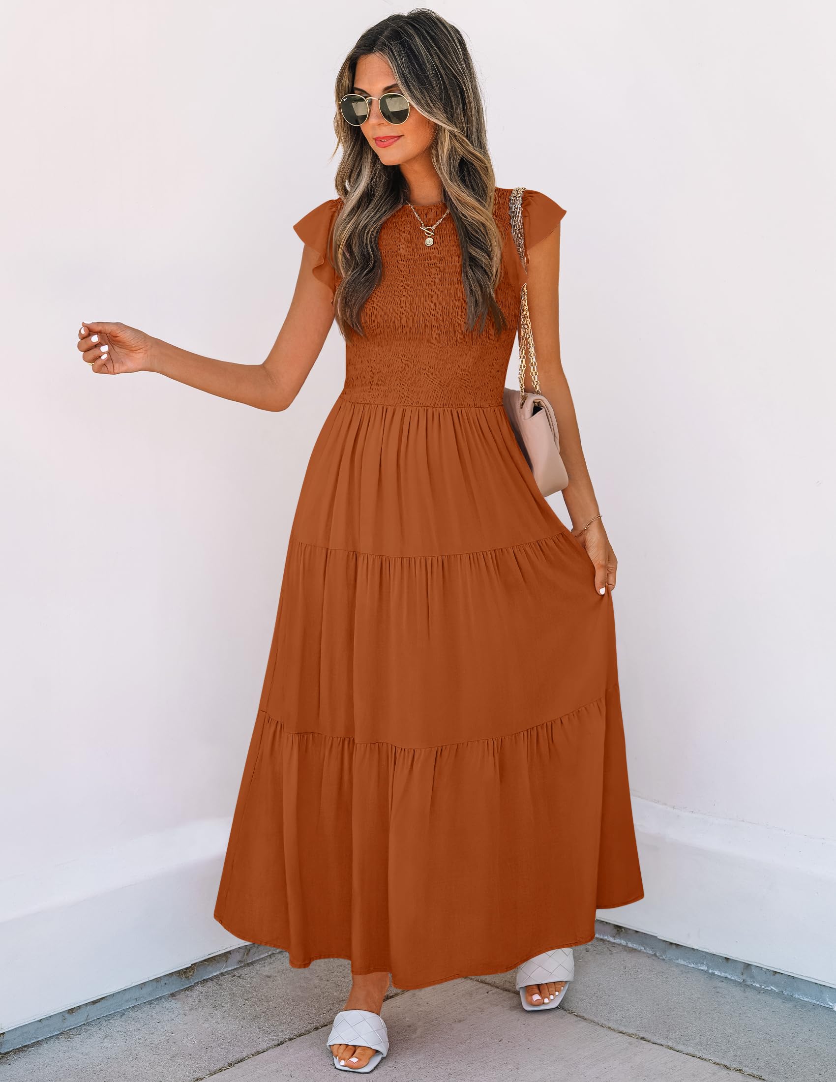 ZESICA Women's Summer Flutter Short Sleeve Smocked Waist Tiered Midi Dress - Casual Crew Neck Elastic Waist Flowy Dress for Beach, Vacation & Everyday Wear