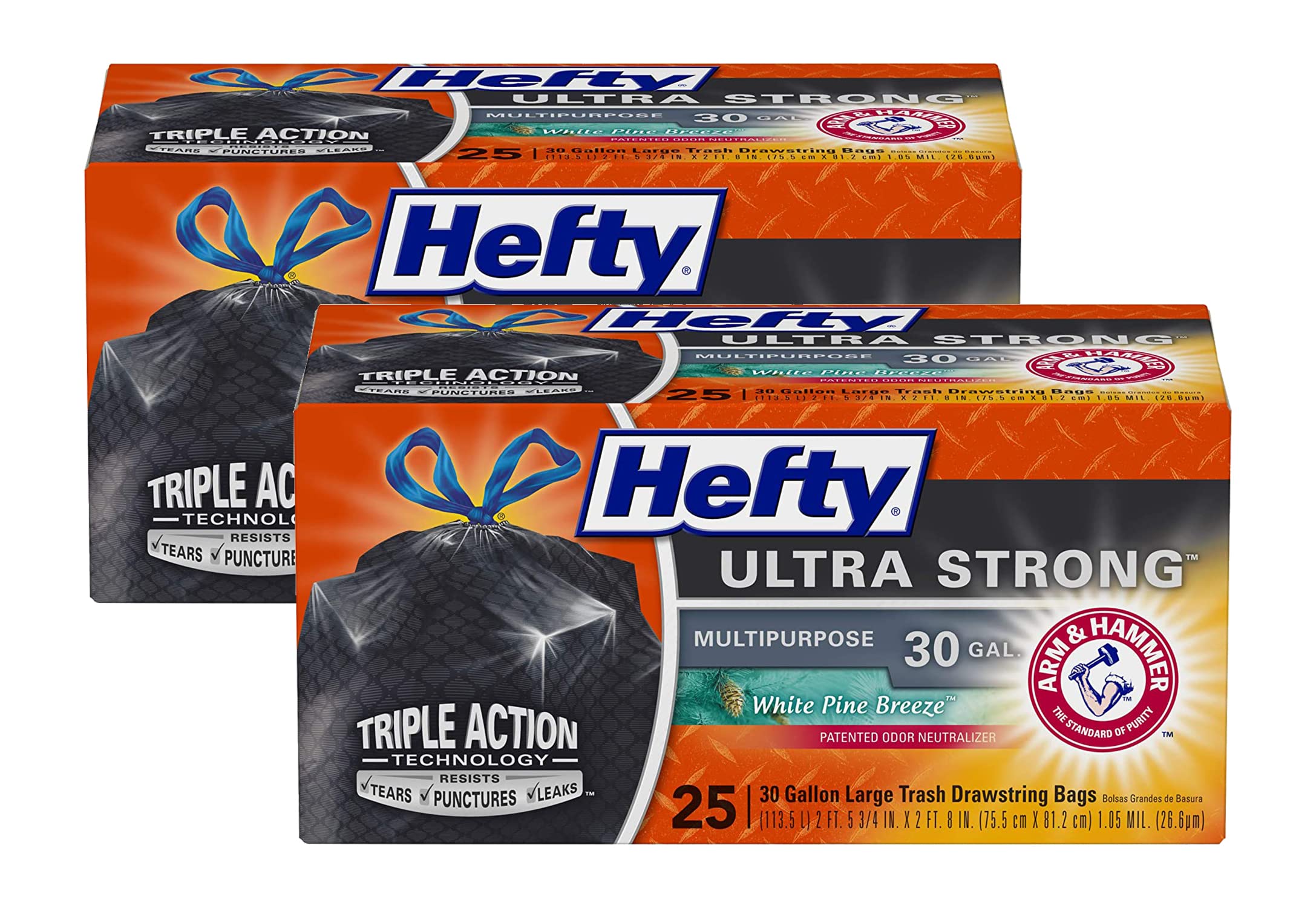 Hefty Ultra Strong 30 Gallon Drawstring Trash Bags - 25 Count (Pack of 2) | Heavy Duty, Scented with White Pine Breeze | Perfect for Kitchen, Bathroom & Outdoor Waste Disposal