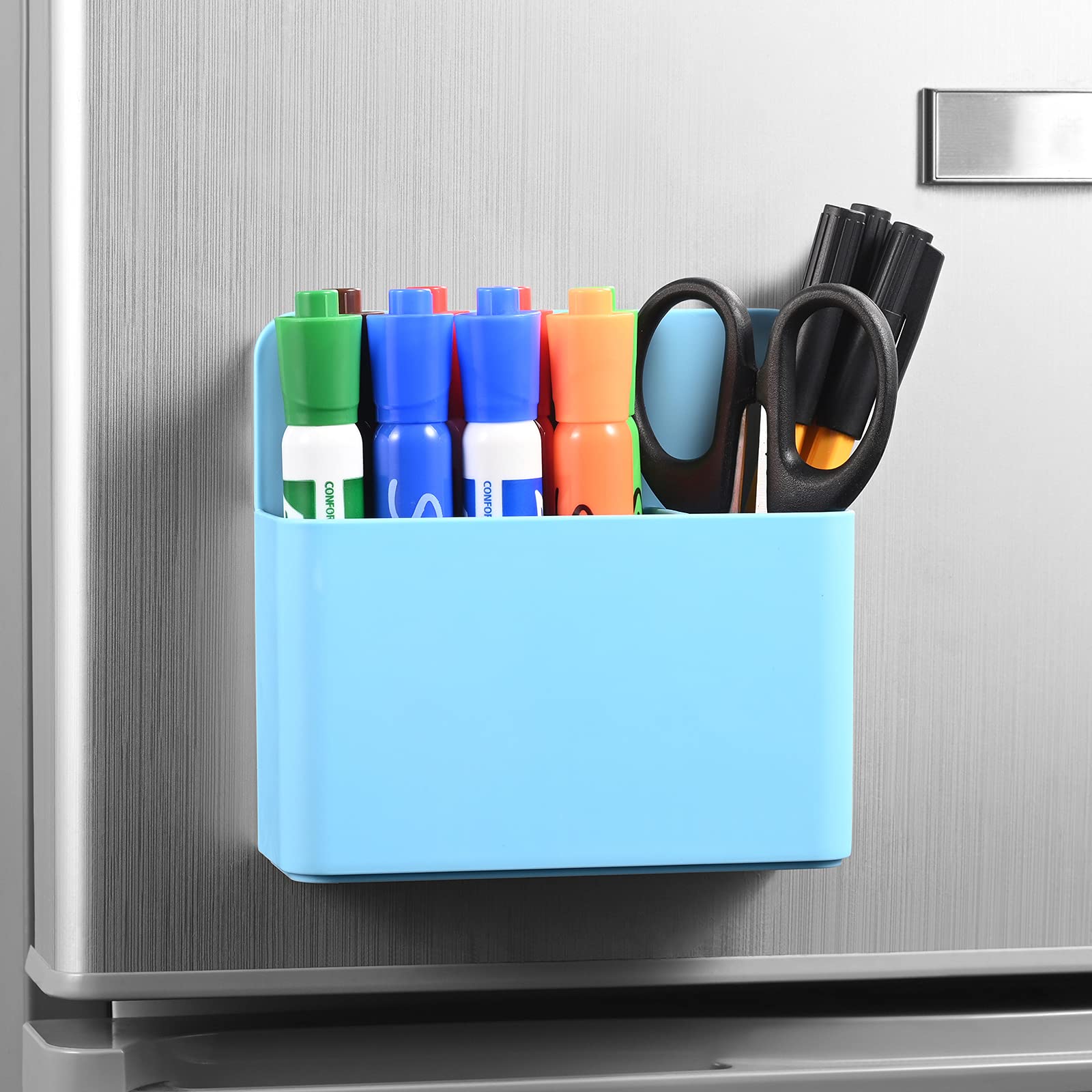 Strong Magnetic Marker Holder - Dry Erase Pen Organizer for Whiteboard Markers, Erasers & More | Perfect for Fridge, Office, Classroom & Locker Organization (Blue)