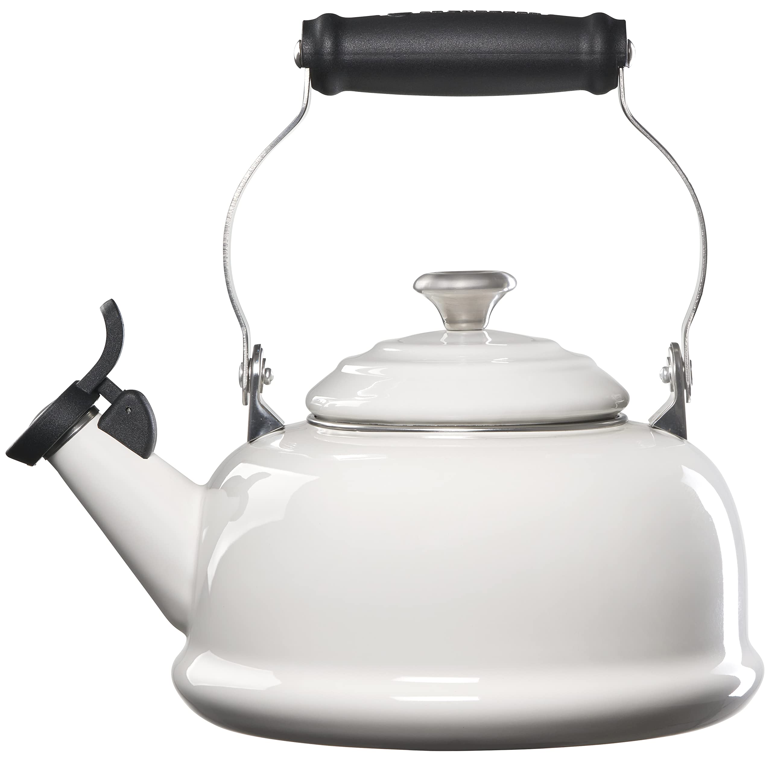Le Creuset Enamel On Steel Whistling Tea Kettle - 1.7 Quart White with Metal Finishes - Perfect for Stovetop & Electric Ranges - Ideal for Tea Lovers & Kitchen Decor