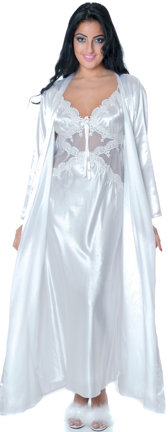 Elegant Women's Silky Nightgown with Venice Lace & Long Robe Set - Soft Sleepwear for Comfortable Nights | Perfect for Bridal, Anniversary Gifts & Luxury Loungewear