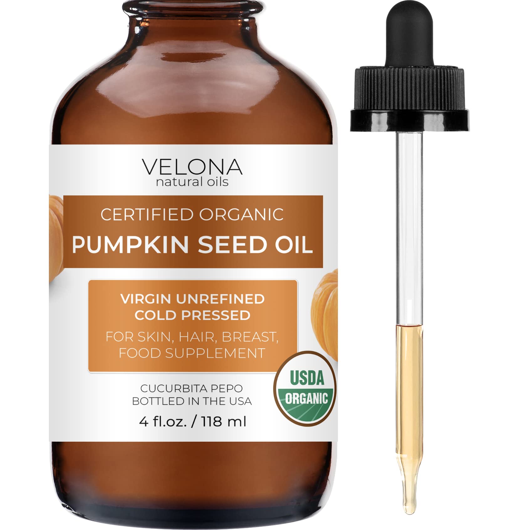 Velona USDA Certified Organic Pumpkin Seed Oil - 100% Pure, Unrefined, Cold Pressed (4 fl oz) | Natural Carrier Oil for Cooking, Hair Growth, Skin & Face Care | Perfect for Salad Dressings, DIY Beauty Recipes & Massage Therapy