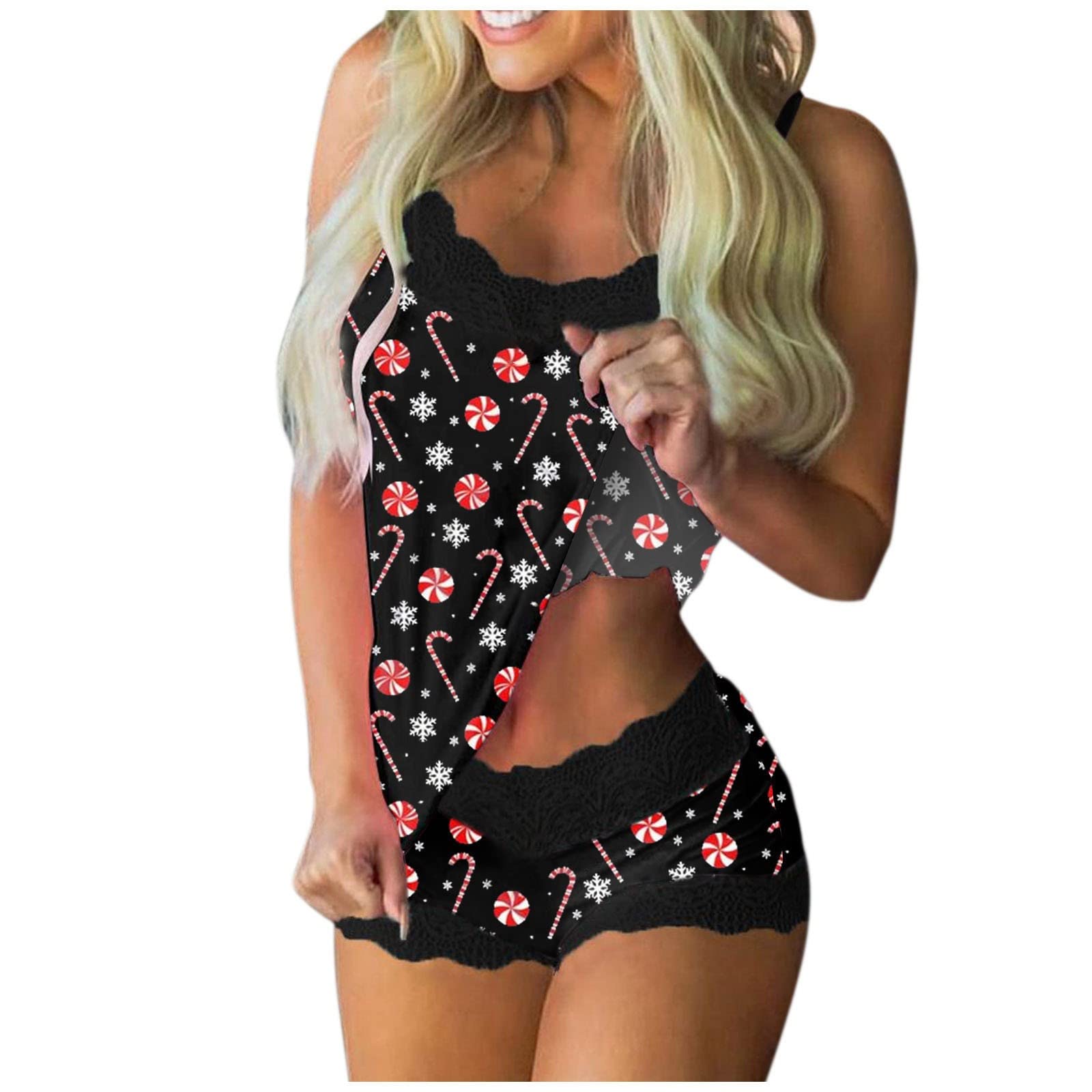 Women's Casual Lace Cami Sleepwear Set - Sleeveless Christmas Pajamas & Shorts Outfit (Red, M) | Comfortable Lounge Wear for Holiday Nights, Bedtime & Relaxation
