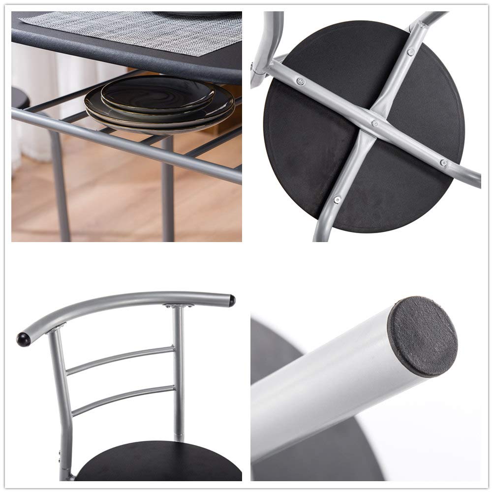3-Piece Bistro Dining Table Set with 2 Chairs - Compact Breakfast & Kitchen Table with Metal Frame & Storage Shelf (Black) | Perfect for Small Spaces, Apartments, and Cozy Breakfast Nooks