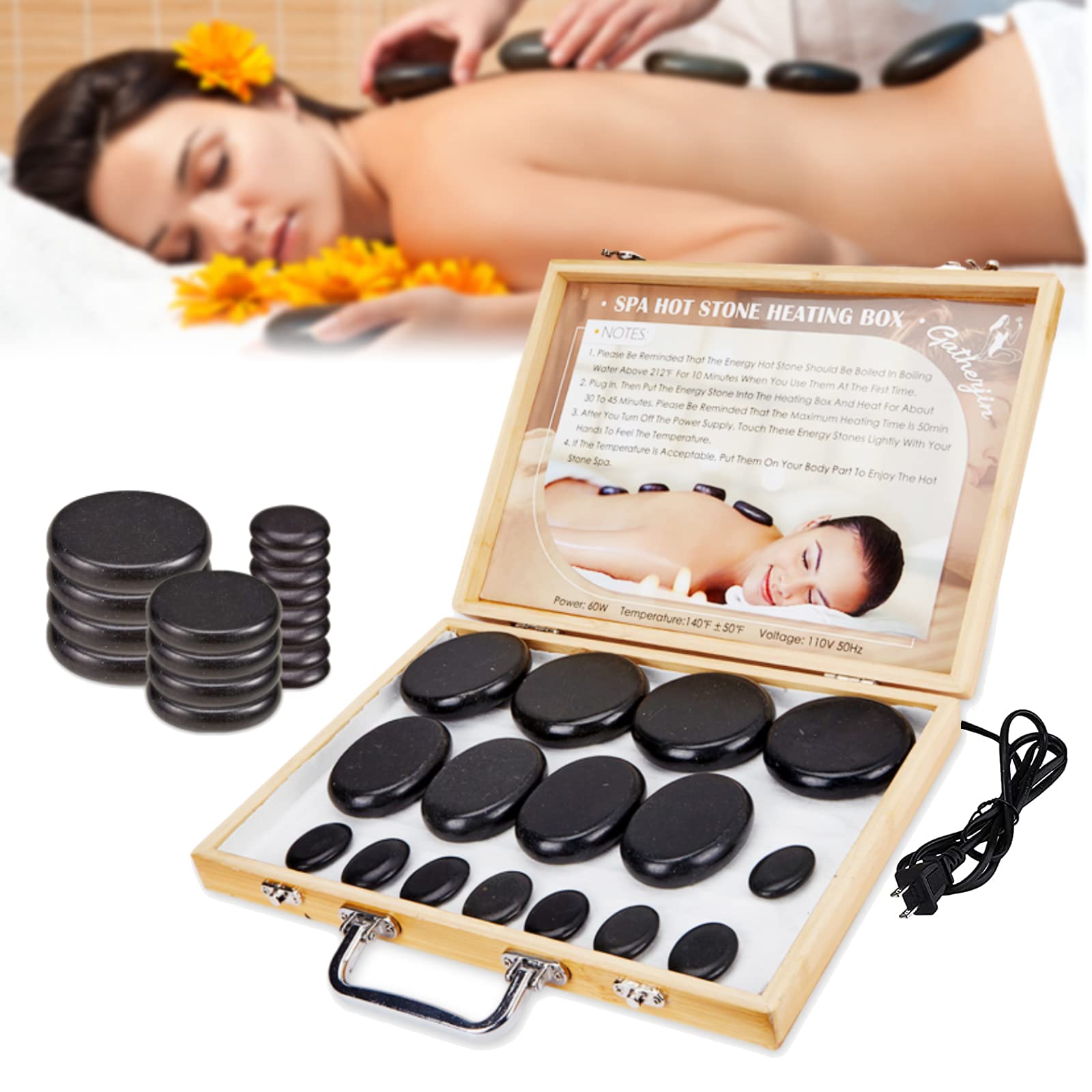 Granpay 16pcs Electric Hot Stone Massage Kit with Warmer Box - Professional Basalt Stones for Spa, Relaxation & Pain Relief - Perfect for Home Massage, Muscle Therapy & Stress Relief