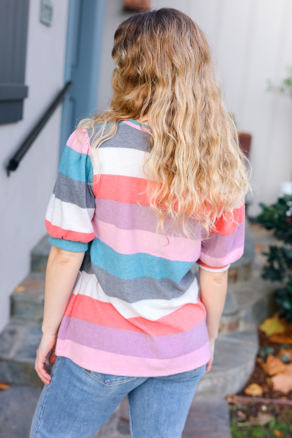 Look Out Teal & Rose Striped Hacci Knit Puff Sleeve Top | Women's Fashion Blouse | Casual & Party Wear | Perfect for Date Nights & Office Outfits