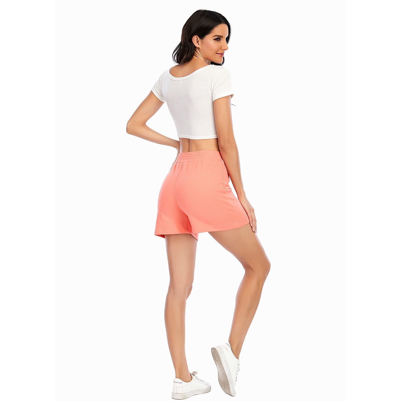 Women's High Waist Running Shorts - Elastic Waistband, Comfy Sweat Shorts with Pockets for Summer, Jogging, Gym & Casual Wear
